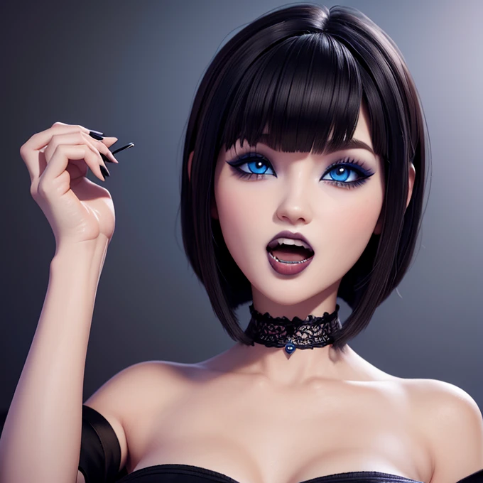 Masterpiece, open mouth sign, teeth fangs, perfectly detailed face with blue eyes, eyeliner and eyeshadow, make-up,  thick lips, wallpaper 3D ,short black hair with bob bangs 