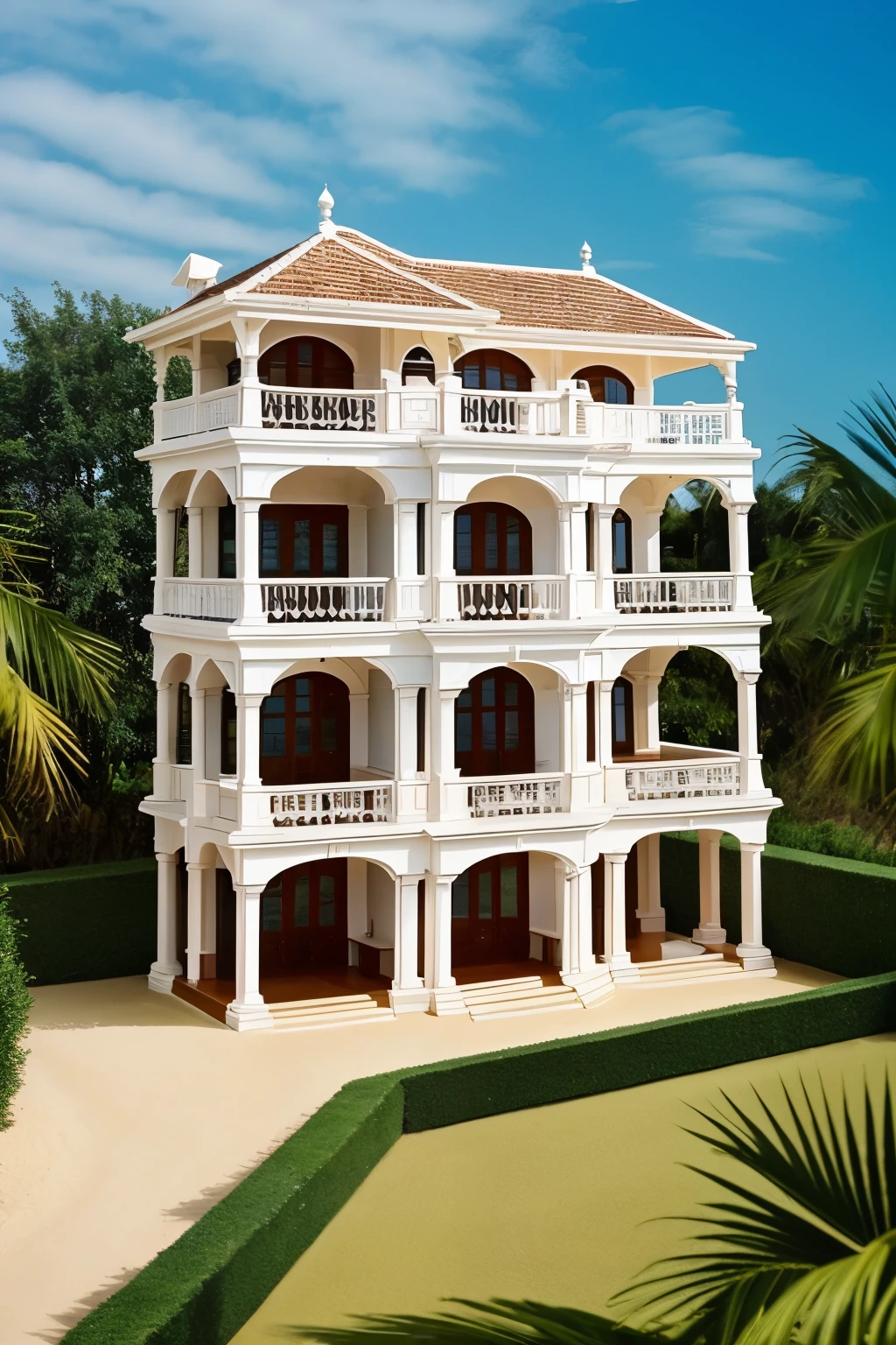 ((Best Quality)), ((Masterpiece)), (detailed),1 beach house with elevator, 3 cars and a cinema