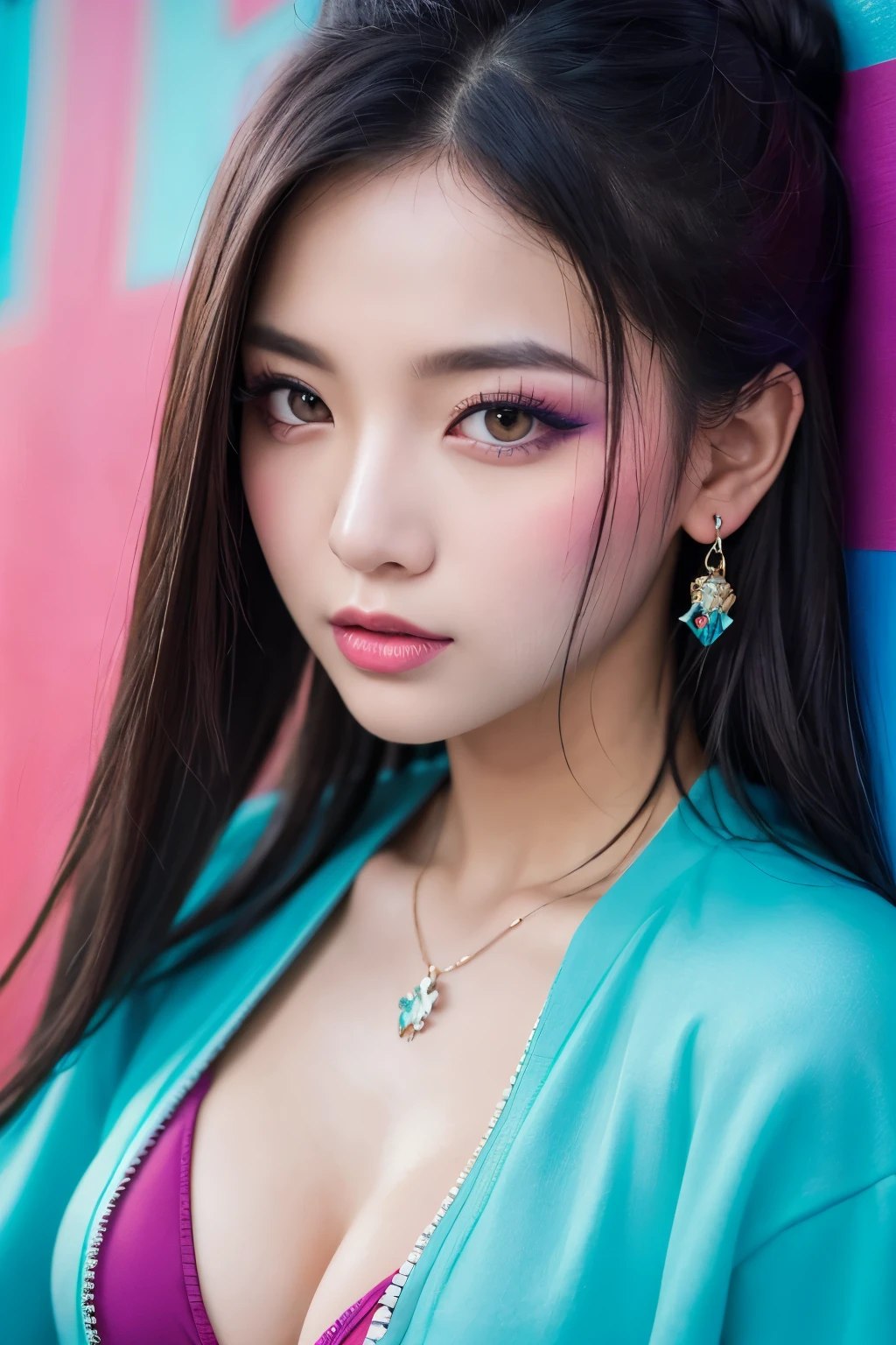 high quality, High resolution, masterpiece, detailed.impressive, Cutting-edge female photography portraits, Showcasing a bold and daring street-art style.( Facing forward)、beautiful woman、The way you look at the person you love、A dreamy look、cyan, and purple, Her vibrant makeup really catches the eye.. Her colorful hair is tied up high, (Dress with wide chest、Sexy Dress), Blue and pink hues in harmony. 背景には蛍光クロムイエローand purpleの魅惑的なグラデーションが施されています, Blends seamlessly with the dynamic colors of your subject. This powerful combination of hyper-detailed realism and artistic expression creates a vivid,