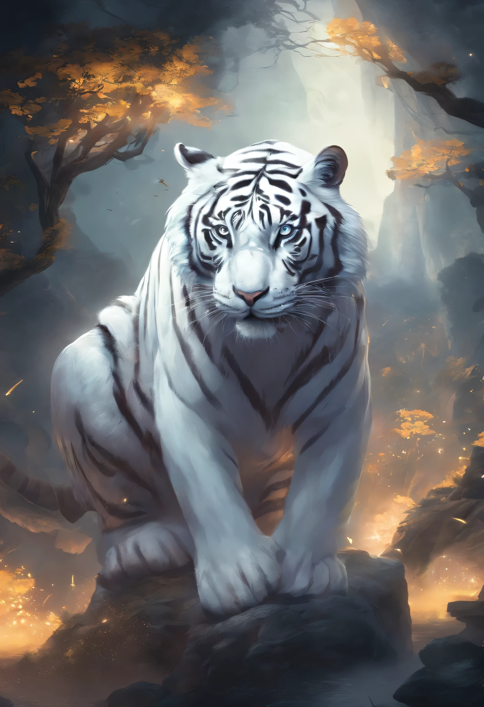 Chinese mythology，the white tiger，with bright light，Light effects，the night，medium shot, the scene is，the whole body like， highly detailed surreal visual effects，oc rendered，