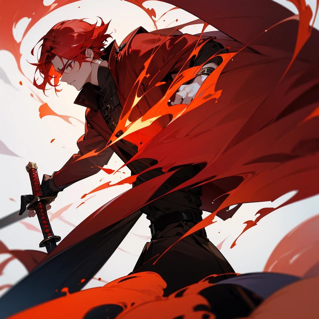 Make a man with red hair and eyes like a dragon, wearing a red overcoat, holding a sword with flames around it,