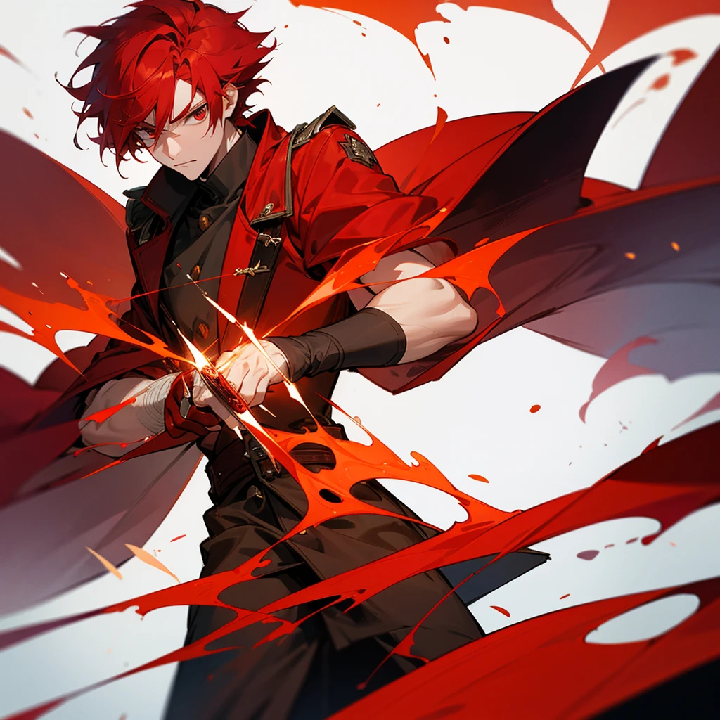 Make a man with red hair and eyes like a dragon, wearing a red overcoat, holding a sword with flames around it, 