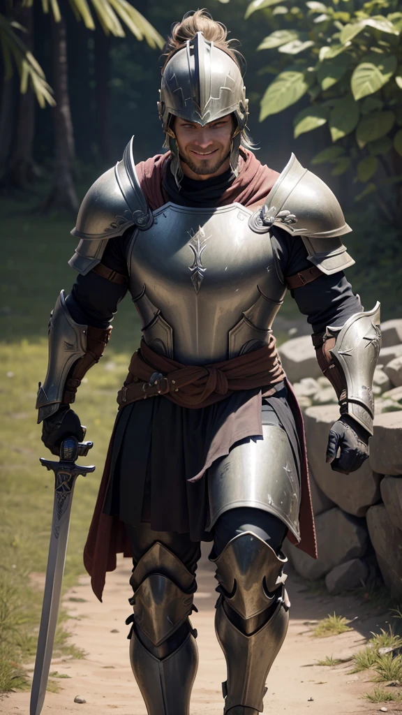 a closeup of a man in helmet and armor holding a sword, spartan warrior, vestido con Spartan armor, Spartan armor, spartan, Ares with heavy armor and sword., little character. unreal engine 5, ancient soldier, smiling spartan, dressed in ancient battle armor, mighty warrior, male warrior, fantasy style octane 8k rendering, warrior costume, armored warrior