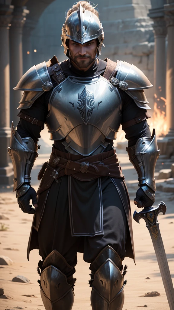 a closeup of a man in helmet and armor holding a sword, spartan warrior, vestido con Spartan armor, Spartan armor, spartan, Ares with heavy armor and sword., little character. unreal engine 5, ancient soldier, smiling spartan, dressed in ancient battle armor, mighty warrior, male warrior, fantasy style octane 8k rendering, warrior costume, armored warrior