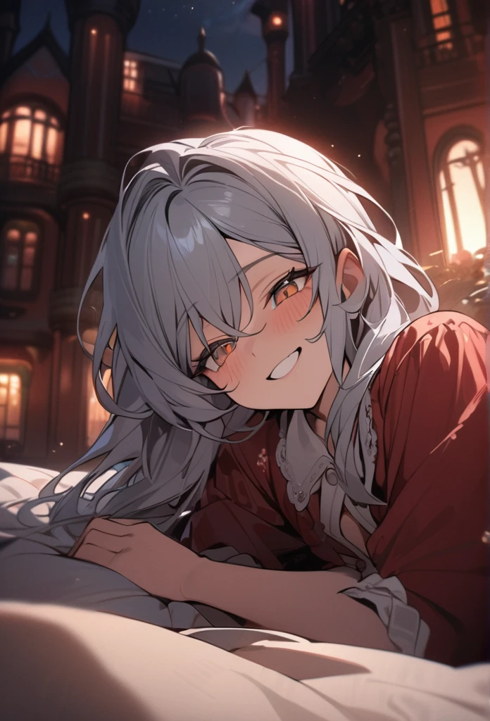 Best quality masterpiece, Victorian Boy, silver-haired, amber eyes, Victorian Mansion at Night, Lying on the Bed in Pajamas, looking at the spectator, Grinning.