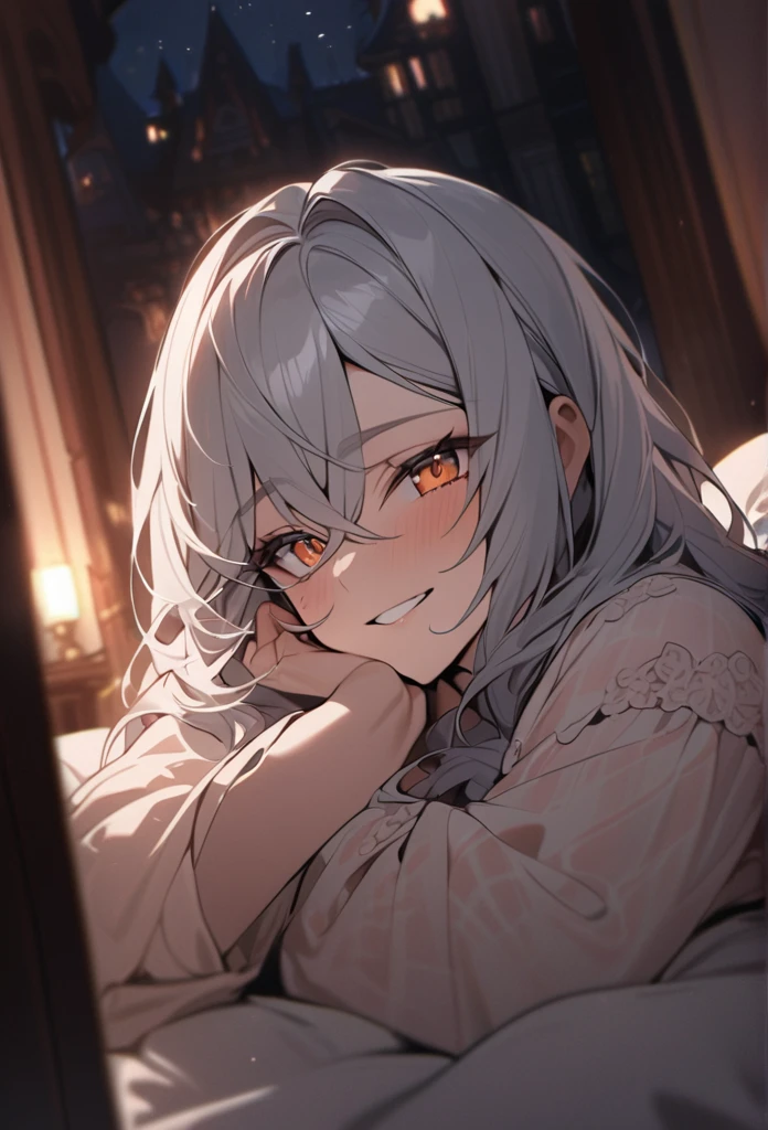 Best quality masterpiece, Victorian Boy, silver-haired, amber eyes, Victorian Mansion at Night, Lying on the Bed in Pajamas, looking at the spectator, Grinning.