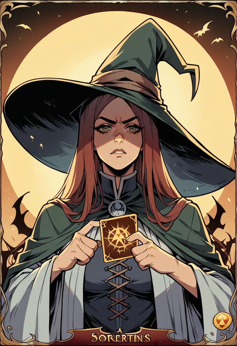 Brunette Girl, Long Hair, Witch, Sorceress,  of darkness, full of powers, strong and imposing, war scene illustration, centred image, a single image on a single card, with golden Bronze and Silver borders,