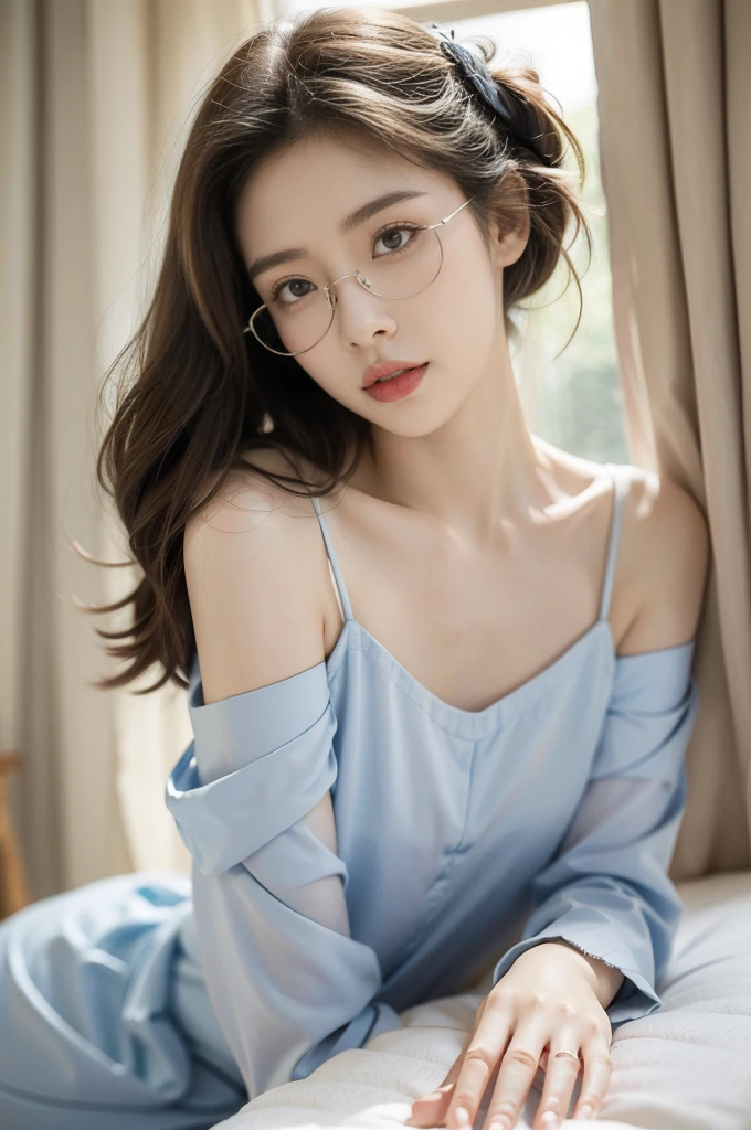 (((best quality))),(((ultra detailed))),(((masterpiece))),illustration,((1 beautiful girl,solo)),(glasses:1.3),slim,thin,small breasts,flat chest,shoulder length straight hair,on bed,dilapidated,hotel room,summer's afternoon,anticipation,shyness,date,big almond-shaped eyes,excited,nervous,fair skin,flawless,rosy cheeks,light blue shirt-dress,slender figure,delicate collarbones,white flowers,delicate silver chain,rusty bed frame,peeling wallpaper,white lace curtain,warm sunlight,soft warm glow,old-fashioned radio,cheerful tune,nervousness,heart pounding,excitement,door,plain attire,electric atmosphere,love,butterflies,((from front,close-up of face))