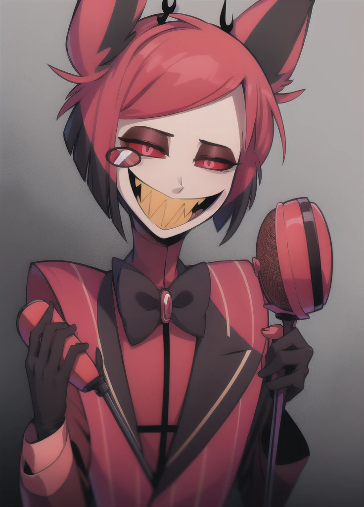 masterpiece, best quality, bowtie, jacket, monocle, microphone, suit, 1boy, solo, animal ears, sharp teeth, red eyes, teeth, bow, smile, looking at viewer, slit pupils, red hair, grin, multicolored hair, red sclera, holding microphone, dark background, terror theme, with a fox demon next to him.
