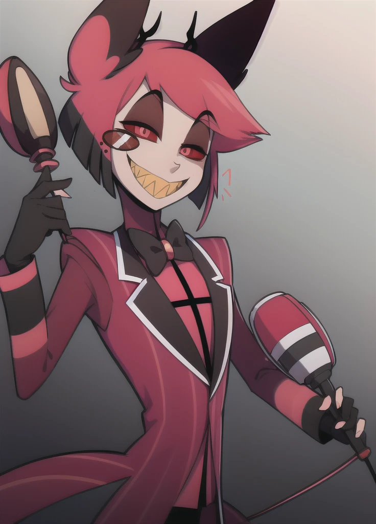 masterpiece, best quality, bowtie, jacket, monocle, microphone, suit, 1boy, solo, animal ears, sharp teeth, red eyes, teeth, bow, smile, looking at viewer, slit pupils, red hair, grin, multicolored hair, red sclera, holding microphone, dark background, terror theme, with a fox demon next to him.