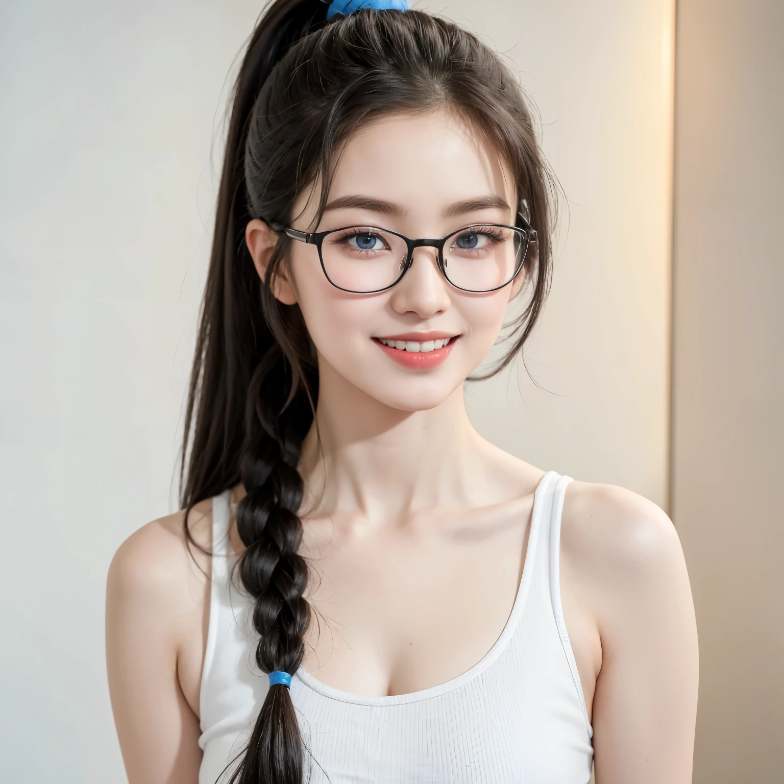 (Best quality, masterpiece, detailed), (RAW, 4k, hd images), shy, 1 girl, , white skin, long hair, ponytail, layers hair, bangs, black hair, beautiful girl, cute girl, sweet girl, pretty girl, perfect girl, perfect body, pretty eyes, blue eyes, thin lips, (eye line, lip stick soft), big , hot , glasses(detailed frame), indoors, smile, sport tank top, sexy, white wall background, looking front