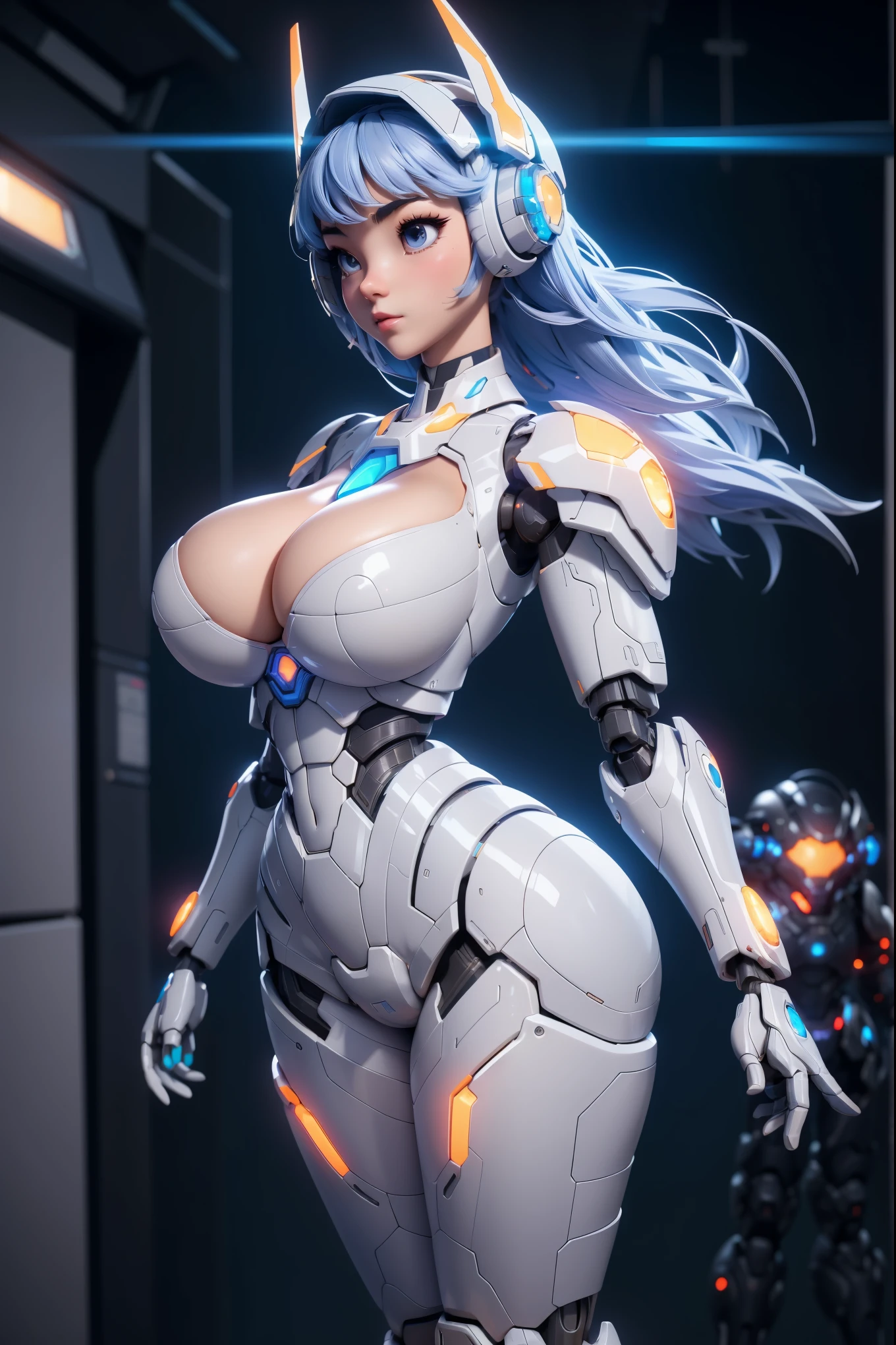 Alafid woman in futuristic outfit posing for photo, Wear futuristic white armor, Girl in mecha cybernetic armor, Unreal Engine Rendering + welcome, Robot porcelain armor, Shining white armor, Female robot body, Beautiful and charming robot woman, Diversified cyber litigation, Beautiful robot woman, Beautiful white girl, Wearing futuristic armor, Perfect Woman，huge , Crazy breast swelling, Chest larger than shoulder blades, Big breasts and thin waist，(huge breasts:1.2)，Hydrated skin（（rogue））（（非常huge乳房）），（（Grooves reveal original skin）)