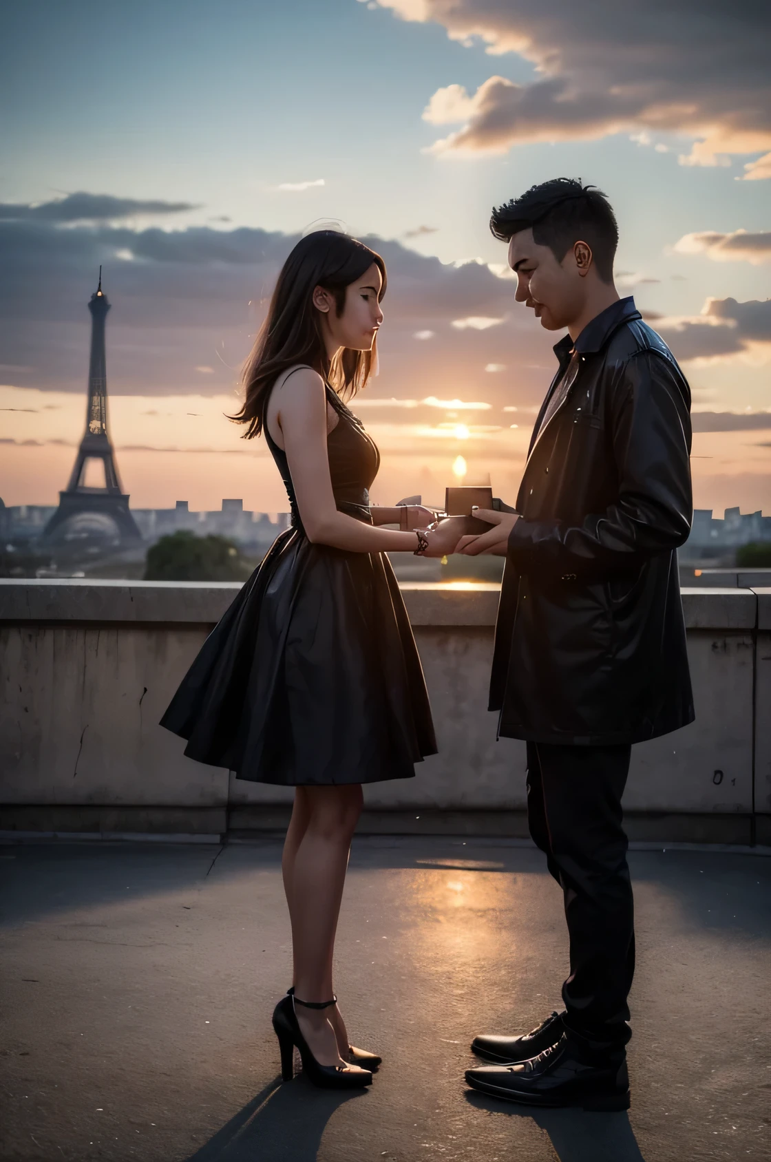 A MAN SHOWS A RING BOX TO A WOMAN WHO IS STANDING WEARING DARK CASUAL DRESS WITH THE EIFFEL TOWER IN THE BACKGROUND, SUNSET LANDSCAPE, LIGHTS, FULL TOWER, TROCADERO, STREET, COUPLE, HD, HIGH RESOLUTION, DETAIL. PHOTOGRAPHYC QUIALITY. COMPLETE BODIES. LATIN PERSONS