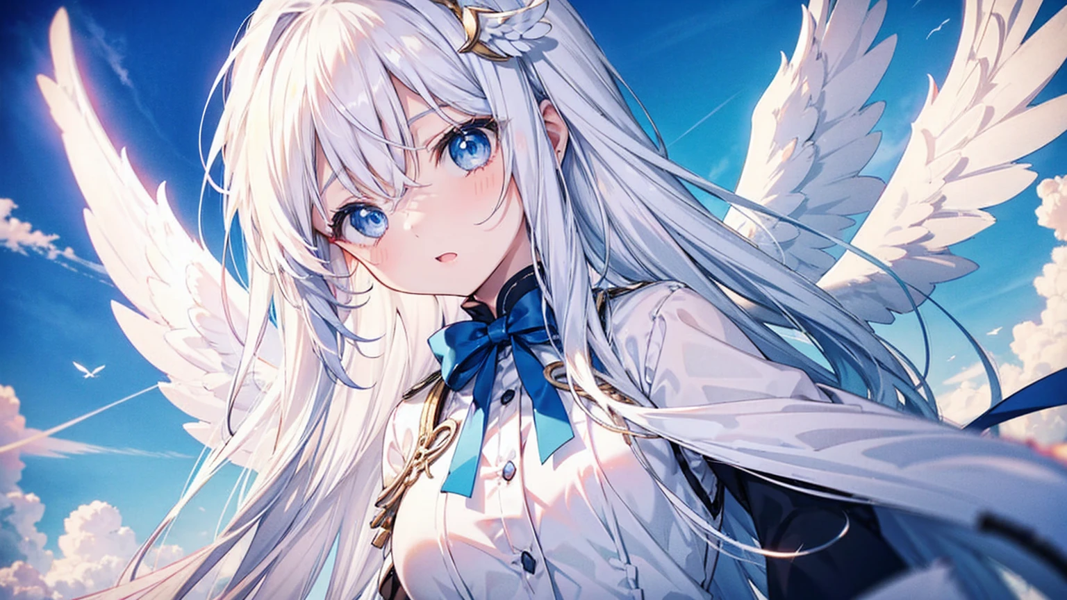 A pretty and cute girl with long white hair and blue eyes、15 years old、Angel wings on the back、Mouth wide open in shock、I&#39;m surprised and my eyes are wide open、comical、Bright expression、White chiffon dress