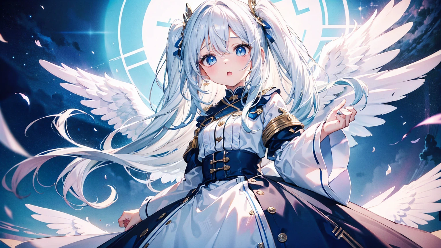 A pretty and cute girl with long white hair and blue eyes、15 years old、Angel wings on the back、Mouth wide open in shock、I&#39;m surprised and my eyes are wide open、comical、Bright expression、White chiffon dress