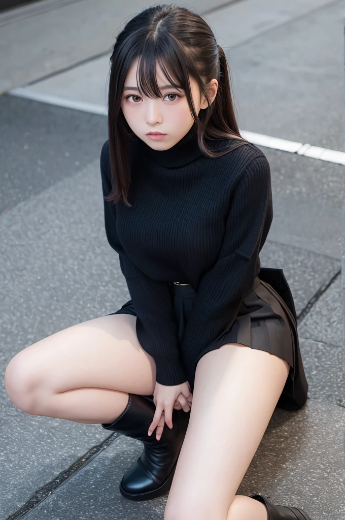 　　Japanese　melancholy　Pleated skirt　　Black turtleneck sweater　Knee-high boots