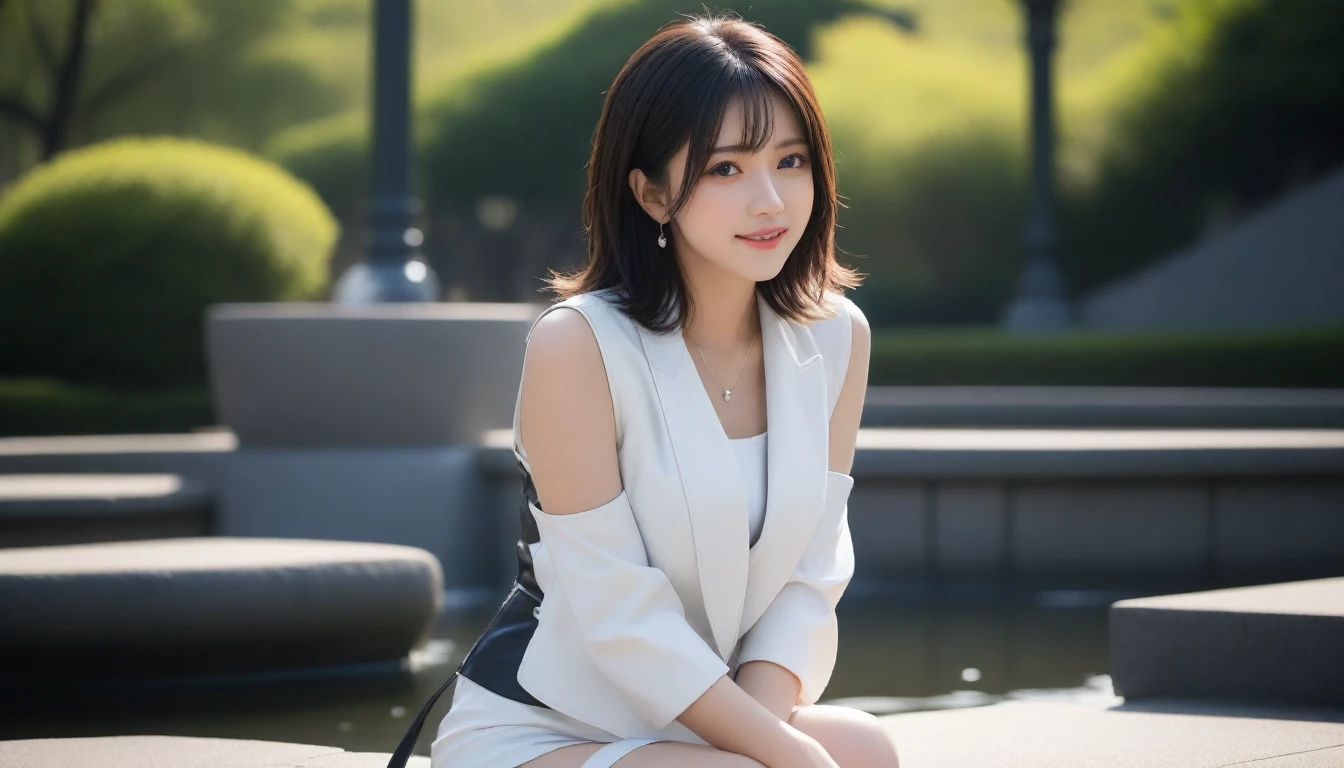 8K, Ultra-high resolution, Highest quality, masterpiece, 三分割法によるphotograph,Surreal, photograph, 1 Girl, (16 years old:1.3), pretty girl, Cute face, Beautiful eyes in every detail, 細かくdetailedに,masterpiece,, One Girl:1.2, Japan Female Announcer,whole body, ((Biologically correct limb count))、((whole bodyショット, 顔を含むwhole bodyphotograph、頭からつま先までのphotograph))、((Focus on the face))、((Symmetrical facial features))、((Shiny black stockings、shiny leather skirt、White Leather Jacket、High heels with anklets))、((Sitting on the edge of a fountain in the park early in the morning, Look straight into the camera)),A carefree smile,Heal the heart,Black Hair,Short Bob,Looking at the audience、beauty,Long neck、Laugh a little、Please close your mouth and laugh、(((Ideal body type))),A cup small breasts :2,、Portraiture:2、Perfect Anatomy、鮮明なdetailed、detailed、Surreal、Light and shadow,Strong light