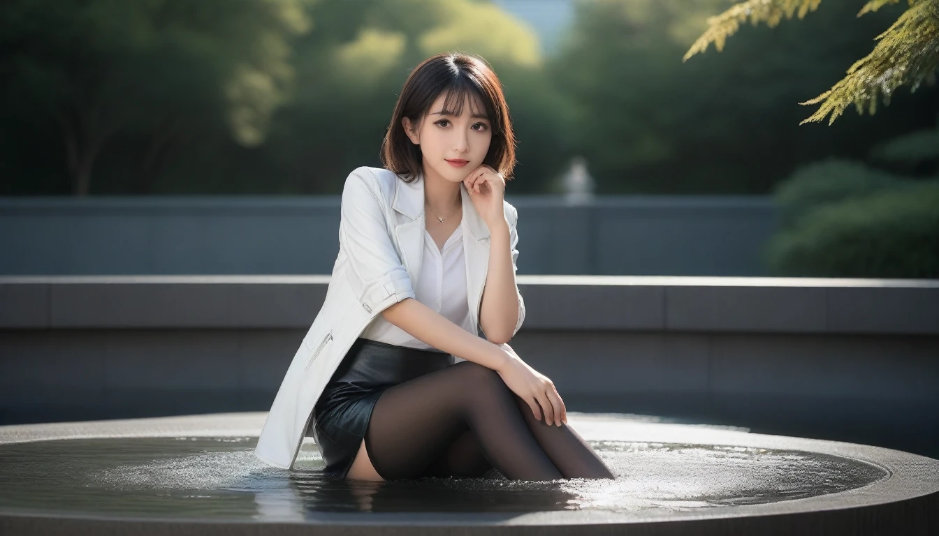 8K, Ultra-high resolution, Highest quality, masterpiece, 三分割法によるphotograph,Surreal, photograph, 1 Girl, (:1.3), pretty girl, Cute face, Beautiful eyes in every detail, 細かくdetailedに,masterpiece,, One Girl:1.2, Japan Female Announcer,whole body, ((Biologically correct limb count))、((whole bodyショット, 顔を含むwhole bodyphotograph、頭からつま先までのphotograph))、((Focus on the face))、((Symmetrical facial features))、((Shiny black stockings、shiny leather skirt、White Leather Jacket、High heels with anklets))、((Sitting on the edge of a fountain in the park early in the morning, Look straight into the camera)),A carefree smile,Heal the heart,Black Hair,Short Bob,Looking at the audience、beauty,Long neck、Laugh a little、Please close your mouth and laugh、(((Ideal body type))),A cup small breasts :2,、Portraiture:2、Perfect Anatomy、鮮明なdetailed、detailed、Surreal、Light and shadow,Strong light