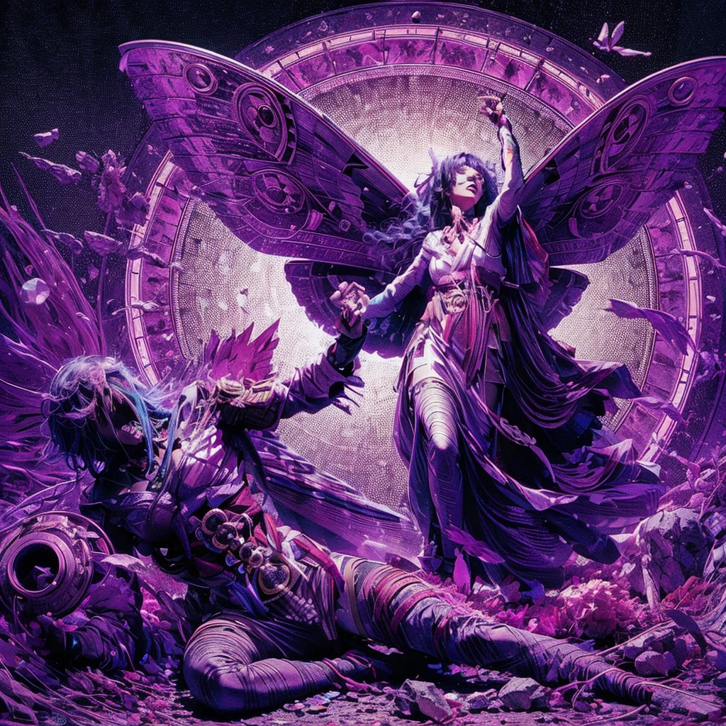 blood scavengers opposite world dream cyan magenta. A fight inside a broken mind. A splendid beautiful trans woman trying to emerge as the future in an astonishing panorama of end times.