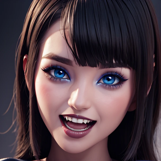 Masterpiece, open mouth sign, teeth fangs vampire, perfectly detailed face with blue eyes, eyeliner and eyeshadow, make-up, thick lips, wallpaper 3D ,short black hair with bob bangs