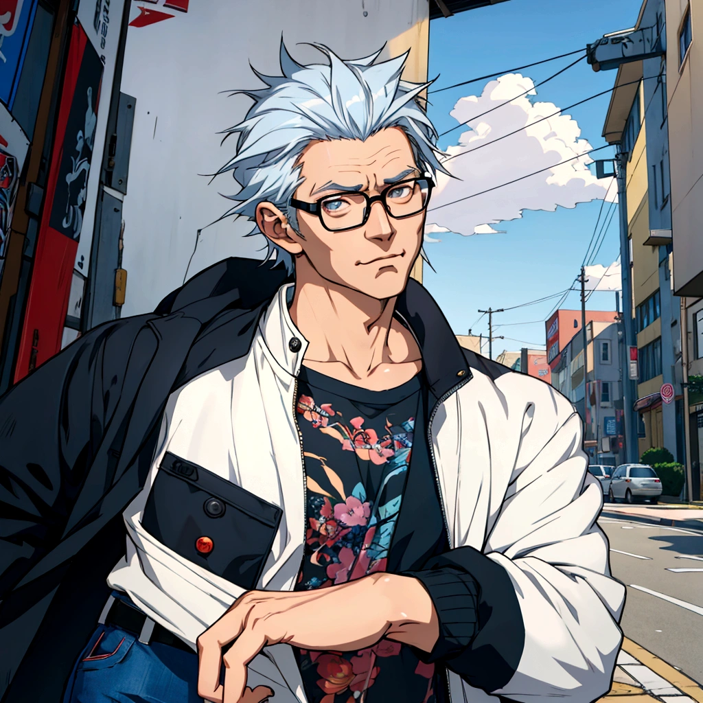 50th Generation、Anime character wearing glasses and a jacket in the city, Realistic Anime 3D Style, Elderly anime guy, Anime Style3D, Live2D Virtual Youtuber Model, Anime Styleに, Anime Styleキャラクター, Created by Anime Painter Studio, Anime Styleのポートレート, Tall anime guy with blue eyes, Anime Style, Anime portrait of a handsome man