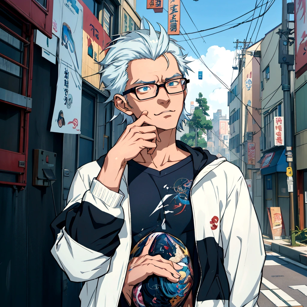 50th Generation、Anime character wearing glasses and a jacket in the city, Realistic Anime 3D Style, Elderly anime guy, Anime Style3D, Live2D Virtual Youtuber Model, Anime Styleに, Anime Styleキャラクター, Created by Anime Painter Studio, Anime Styleのポートレート, Tall anime guy with blue eyes, Anime Style, Anime portrait of a handsome man