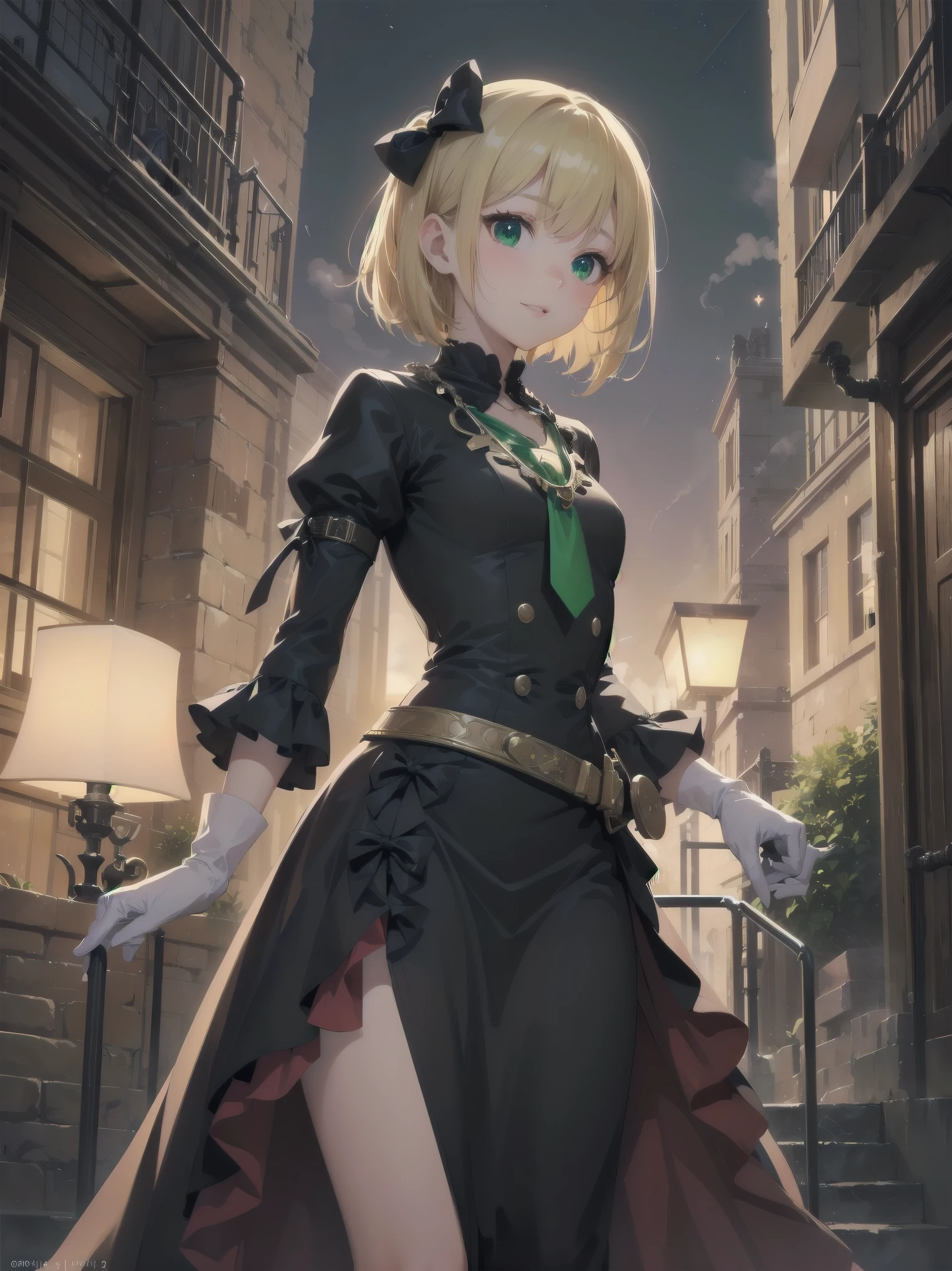 (masterpiece:1.2), (Highest quality:1.2), Ultra-high resolution, Very detailed, break, ((Anime girl standing with happiness in her hands)), Crazy girl, (1 person,Lolita,boyish, , 12 years old:1.3), A light smile, , girl who looks like a boy, Bob cut hair, ((Blonde Hair)), Messy Hair, A super-sized chest overflowing with soft fat masses、Waistline、Slender body, Small Ass, Small green eyes,Fine and beautiful eyes, Well-proportioned iris and pupil, Expressive eyes, Beautiful and detailed lips, High resolution detailed hair, Perfect Eyes, Perfect Face, ultra high density skin, Full Finger, Perfect lighting, break, ((Light green necklace)), ((Black and red luxury dress:1.3)), light green tie, Sparkling Sapphire, Lady, Wear white gloves, break, (steampunk), Castle balcony, Skyscraper, Night view, Equipment, pipe, (Steam spewing out from pipes:1.2), Fantasy, break, ((Positive:1.3)), break, Digital anime art,Anime style illustrations,Anime illustration