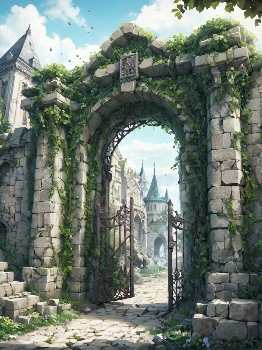 old city gate made of mad-rubble, ivy, overgrown, flowers, fantasy, guards in armor,    (masterpiece:1.2), best quality, (hyperdetailed, highest detailed:1.2), high resolution textures