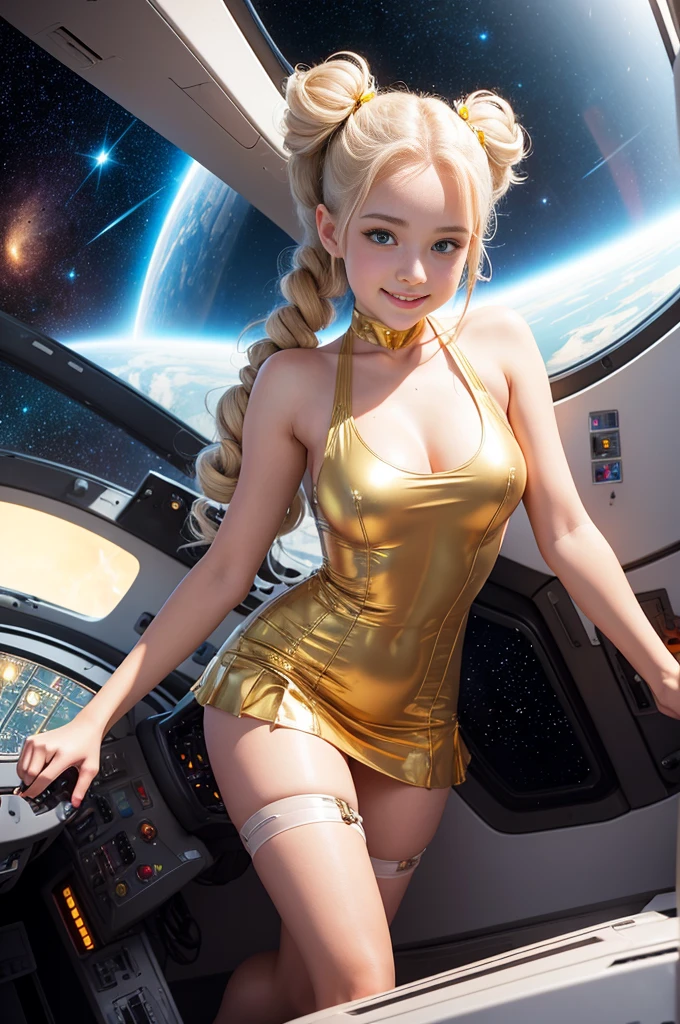 Best Quality, Masterpiece, 8k, RAW (overhead view) Cute gold with hair tips, ribbons in her hair, 17-year-old woman, happy, Sexi and excited expression, smiling, in twin tails, perfect eyes, clear sparkling blue eyes, pale skin, silky smooth white skin, alabaster skin, flying a fancy metal luxurious space ship, futuristic cockpit, she's a pilot, outer space seen in windows, dark warm lighting, wearing a futuristic party dress, low cut top, pleated (chemise) transparent mini dress , silk, pantyhose, cute short cut booties, boots.Sexi posisions.