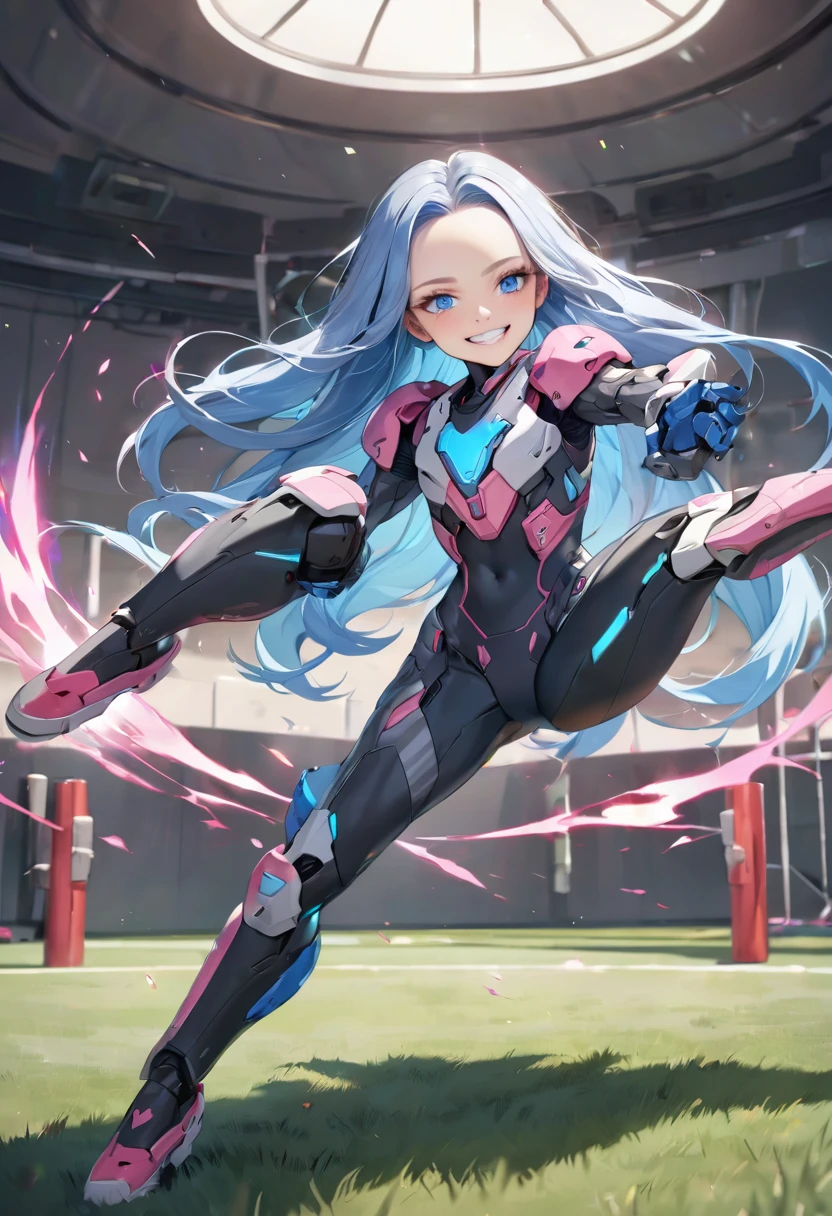 (battle style) (in a detailed beautiful Cyber Battle Suit), (15 yo, solo:2, forehead blue hair long hair lovely girl, cute blue eyes, grin smile, pink lip), ((Preparing for a kick)), break, in the Training ground, BREAK, ((body is aura effect)), perfect anatomy, masterpiece, best quality, 16k, beautiful detailed grow, daydreaming expression.
