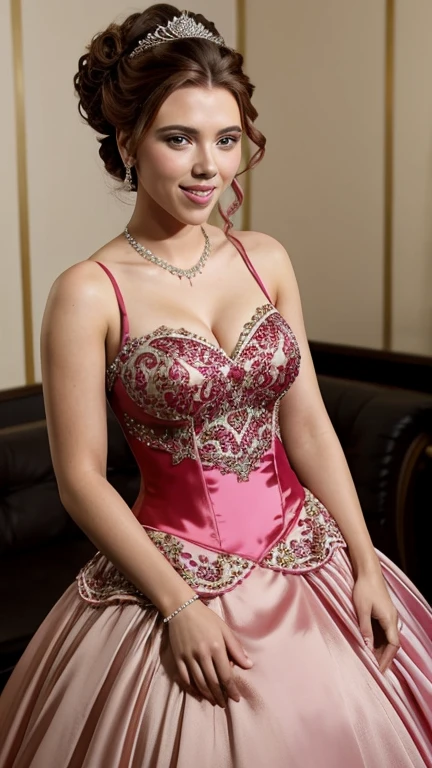 Scarlett Johansson dressed in sexy quinceanera clothes and a smile