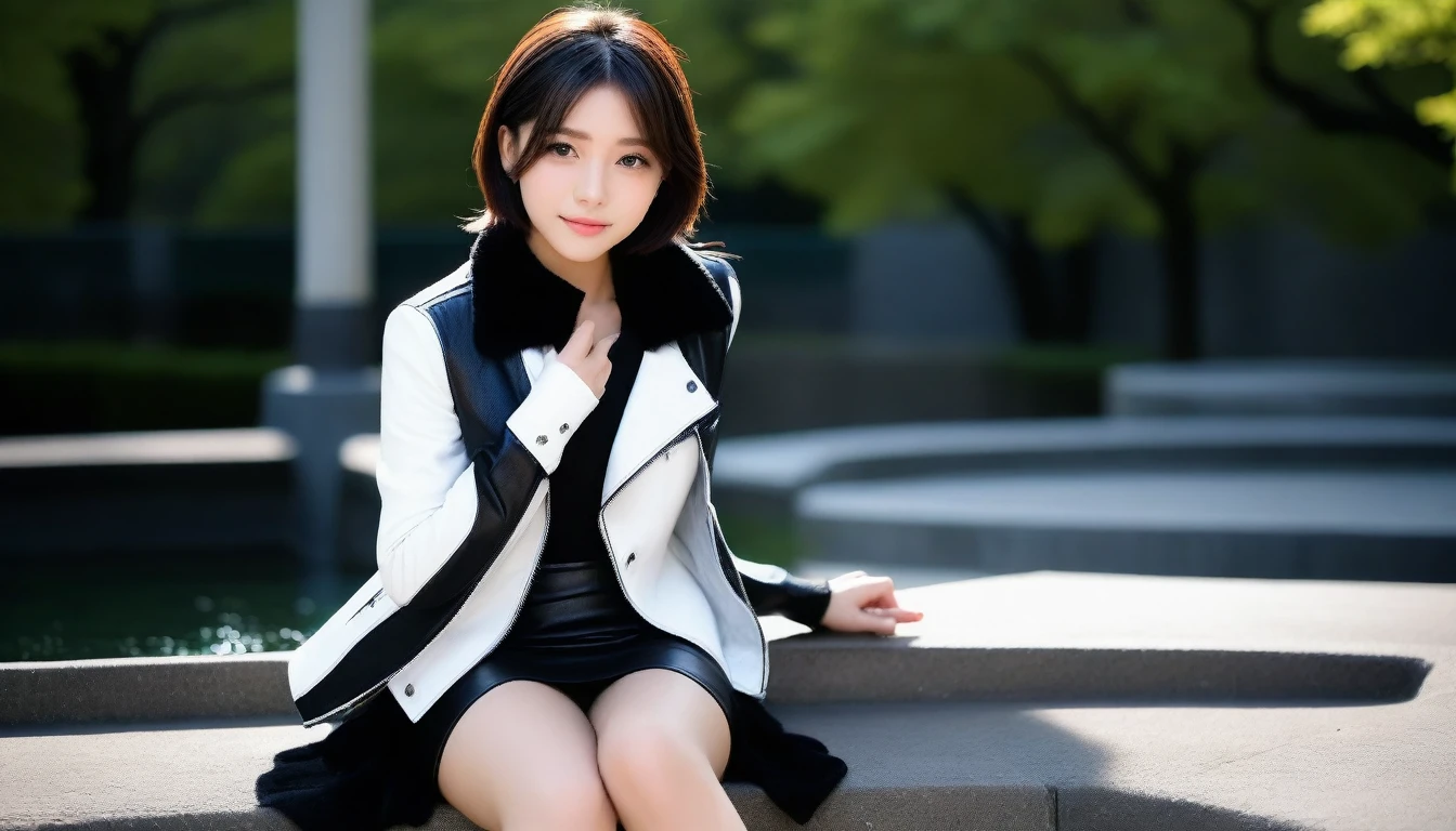8K, Ultra-high resolution, Highest quality, masterpiece, 三分割法によるphotograph,Surreal, photograph, 1 Girl, (:1.3), pretty girl, Cute face, Beautiful eyes in every detail, 細かくdetailedに,masterpiece,, One Girl:1.2, Japan Female Announcer,whole body, ((Biologically correct limb count))、((whole bodyショット, 顔を含むwhole bodyphotograph、頭からつま先までのphotograph))、((Focus on the face))、((Symmetrical facial features))、((Shiny black stockings、shiny leather skirt、White Leather Jacket、High heels with anklets))、((Sitting on the edge of a fountain in the park early in the morning, Look straight into the camera)),A carefree smile,Heal the heart,Black Hair,Short Bob,Looking at the audience、beauty,Long neck、Laugh a little、Please close your mouth and laugh、(((Ideal body type))),A cup small breasts :2,、Portraiture:2、Perfect Anatomy、鮮明なdetailed、detailed、Surreal、Light and shadow,Strong light