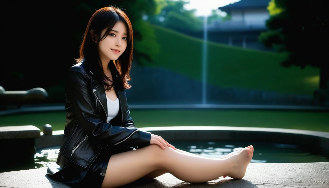 8K, Ultra-high resolution, Highest quality, masterpiece, 三分割法によるphotograph,Surreal, photograph, 1 Girl, (:1.3), pretty girl, Cute face, Beautiful eyes in every detail, 細かくdetailedに,masterpiece,, One Girl:1.2, Japan Female Announcer,whole body, ((Biologically correct limb count))、((whole bodyショット, 顔を含むwhole bodyphotograph、頭からつま先までのphotograph))、((Focus on the face))、((Symmetrical facial features))、((Shiny black stockings、shiny leather skirt、White Leather Jacket、High heels with anklets))、((Sitting on the edge of a fountain in the park early in the morning, Look straight into the camera)),A carefree smile,Heal the heart,Black Hair,Short Bob,Looking at the audience、beauty,Long neck、Laugh a little、Please close your mouth and laugh、(((Ideal body type))),A cup small breasts :2,、Portraiture:2、Perfect Anatomy、鮮明なdetailed、detailed、Surreal、Light and shadow,Strong light