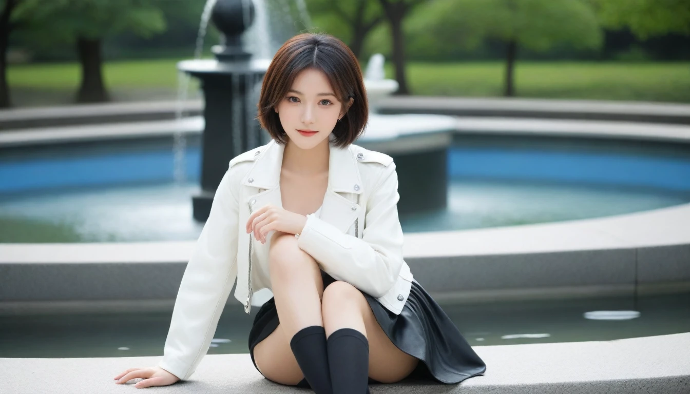 8K, Ultra-high resolution, Highest quality, masterpiece, 三分割法によるphotograph,Surreal, photograph, 1 Girl, (16 years old:1.3), pretty girl, Cute face, Beautiful eyes in every detail, 細かくdetailedに,masterpiece,, One Girl:1.2, Japan Female Announcer,whole body, ((Biologically correct limb count))、((whole bodyショット, 顔を含むwhole bodyphotograph、頭からつま先までのphotograph))、((Focus on the face))、((Symmetrical facial features))、((Shiny black stockings、shiny leather skirt、White Leather Jacket、High heels with anklets))、((Sitting on the edge of a fountain in the park early in the morning, Look straight into the camera)),A carefree smile,Heal the heart,Black Hair,Short Bob,Looking at the audience、beauty,Long neck、Laugh a little、Please close your mouth and laugh、(((Ideal body type))),A cup small breasts :2,、Portraiture:2、Perfect Anatomy、鮮明なdetailed、detailed、Surreal、Light and shadow,Strong light