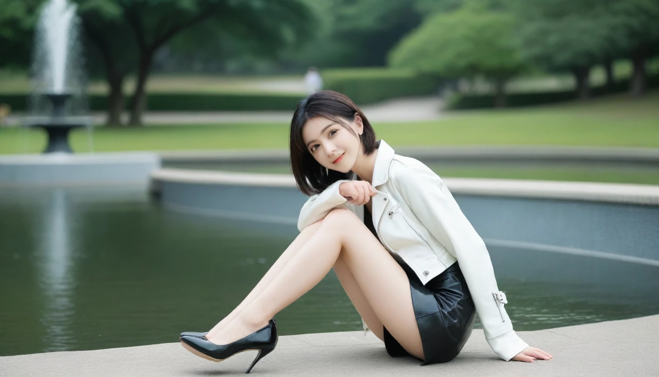 8K, Ultra-high resolution, Highest quality, masterpiece, 三分割法によるphotograph,Surreal, photograph, 1 Girl, (:1.3), pretty girl, Cute face, Beautiful eyes in every detail, 細かくdetailedに,masterpiece,, One Girl:1.2, Japan Female Announcer,whole body, ((Biologically correct limb count))、((whole bodyショット, 顔を含むwhole bodyphotograph、頭からつま先までのphotograph))、((Focus on the face))、((Symmetrical facial features))、((Shiny black stockings、shiny leather skirt、White Leather Jacket、High heels with anklets))、((Sitting on the edge of a fountain in the park early in the morning, Look straight into the camera)),A carefree smile,Heal the heart,Black Hair,Short Bob,Looking at the audience、beauty,Long neck、Laugh a little、Please close your mouth and laugh、(((Ideal body type))),A cup small breasts :2,、Portraiture:2、Perfect Anatomy、鮮明なdetailed、detailed、Surreal、Light and shadow,Strong light