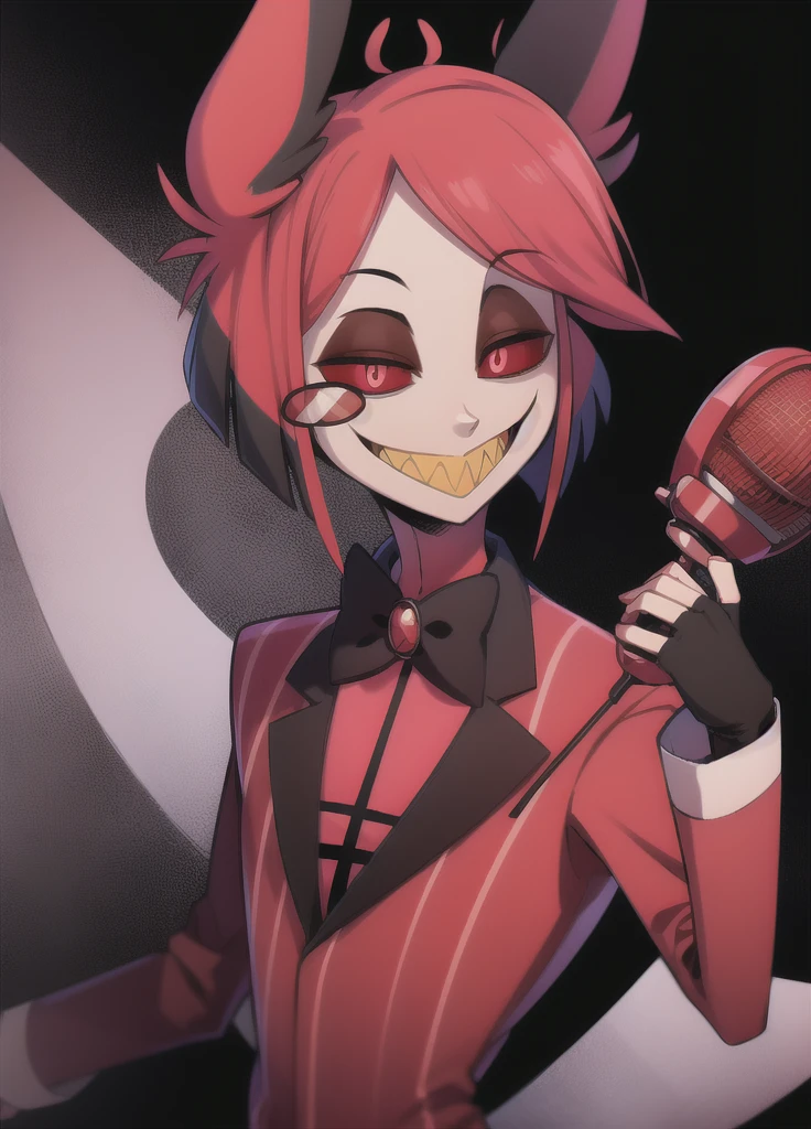 masterpiece, best quality, bowtie, jacket, monocle, microphone, suit, 1boy, solo, animal ears, sharp teeth, red eyes, teeth, bow, smile, looking at viewer, slit pupils, red hair, grin, multicolored hair, red sclera, holding microphone, dark background, terror theme,