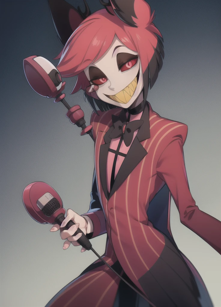masterpiece, best quality, bowtie, jacket, monocle, microphone, suit, 1boy, solo, animal ears, sharp teeth, red eyes, teeth, bow, smile, looking at viewer, slit pupils, red hair, grin, multicolored hair, red sclera, holding microphone, dark background, terror theme,