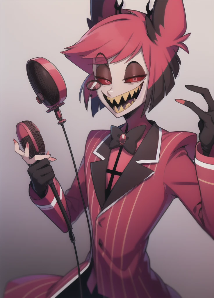 masterpiece, best quality, bowtie, jacket, monocle, microphone, suit, 1boy, solo, animal ears, sharp teeth, red eyes, teeth, bow, smile, looking at viewer, slit pupils, red hair, grin, multicolored hair, red sclera, holding microphone, dark background, terror theme,