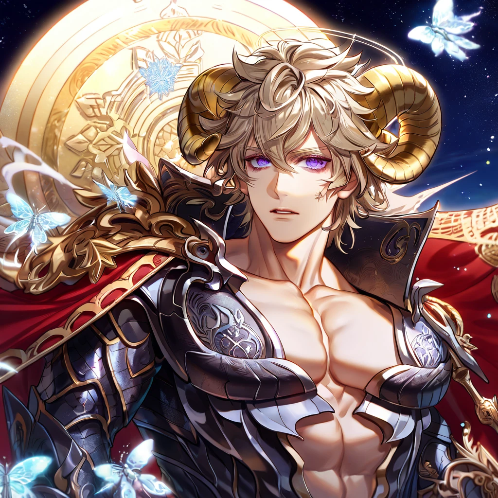absurdres, highres, ultra detailed, HDR, master piece, best quality, delicated features, Azazel, ash blond hair, messy hair, expressive purple eyes, halo, sheep horns, demon, Thousand Lotus, solo, sexy man, handsome, mature face, toned chest, red cape, black armor, snowflakes, ice butterflies, starry sky, moonlight, magical, fantasy