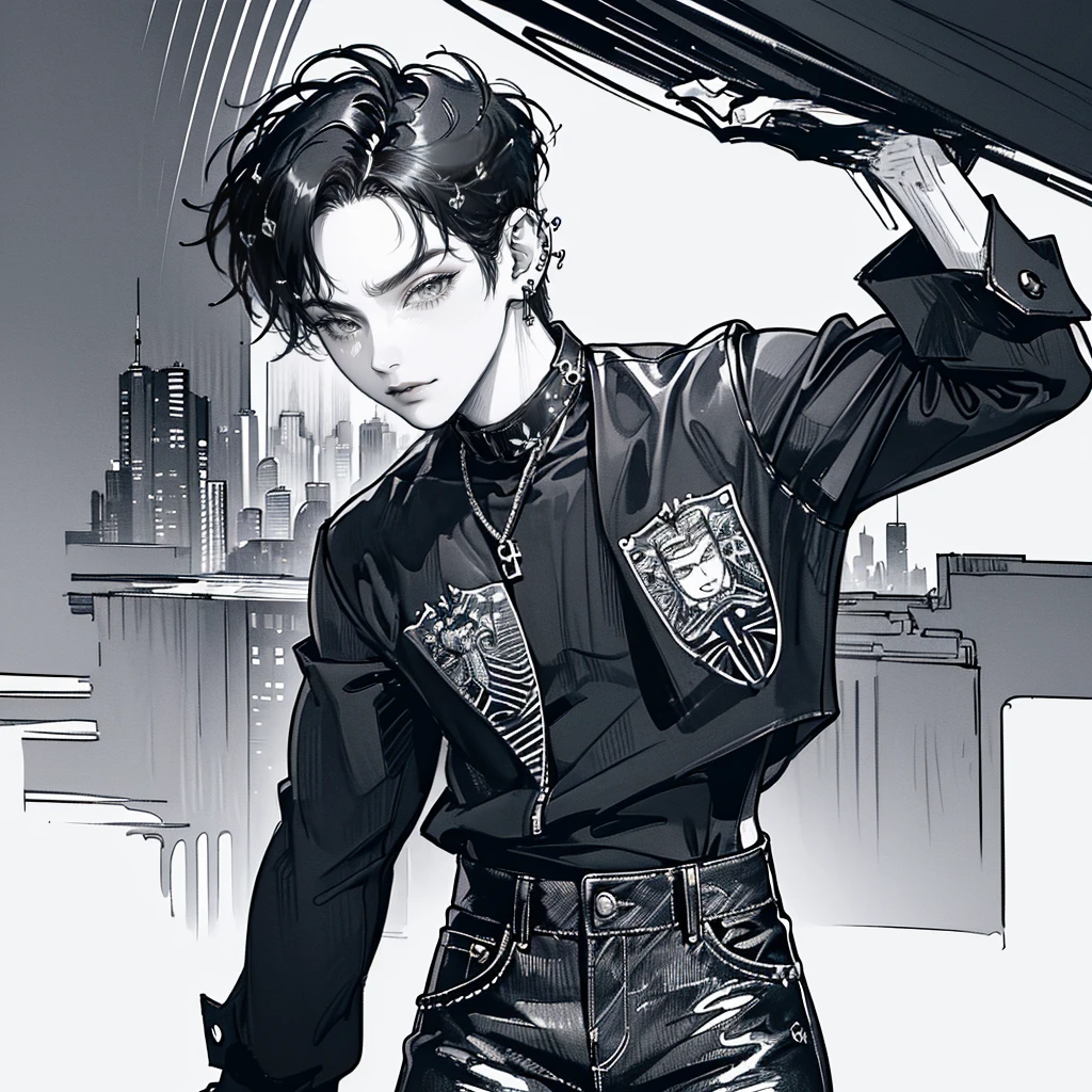 (4K works))、masterpiece、(top-quality)、((Black cityscape background))、Indonesian Male、Adult male、((Adult 30 years old))、((Adult uncle type))、((Leather Jeans Style))、Cool Men、tall、((Wild features))、((Wild look))、((angry expressions))、((Long sleeve long trouser style))、((Diamond face))、((Thin Almond eyes))、Slim body、(((short-haired)))、((Shot alone))、((Solo Photography))、Professional Photos、((He is in front of the viewer))、((Monochrome photography))、((Upper body photography))、((Wear a lot of piercings))、((Piercing on the lips))、((Tongue piercing))、((Icon Photo))、((Sick Boyine Boys))、((sassy pose))