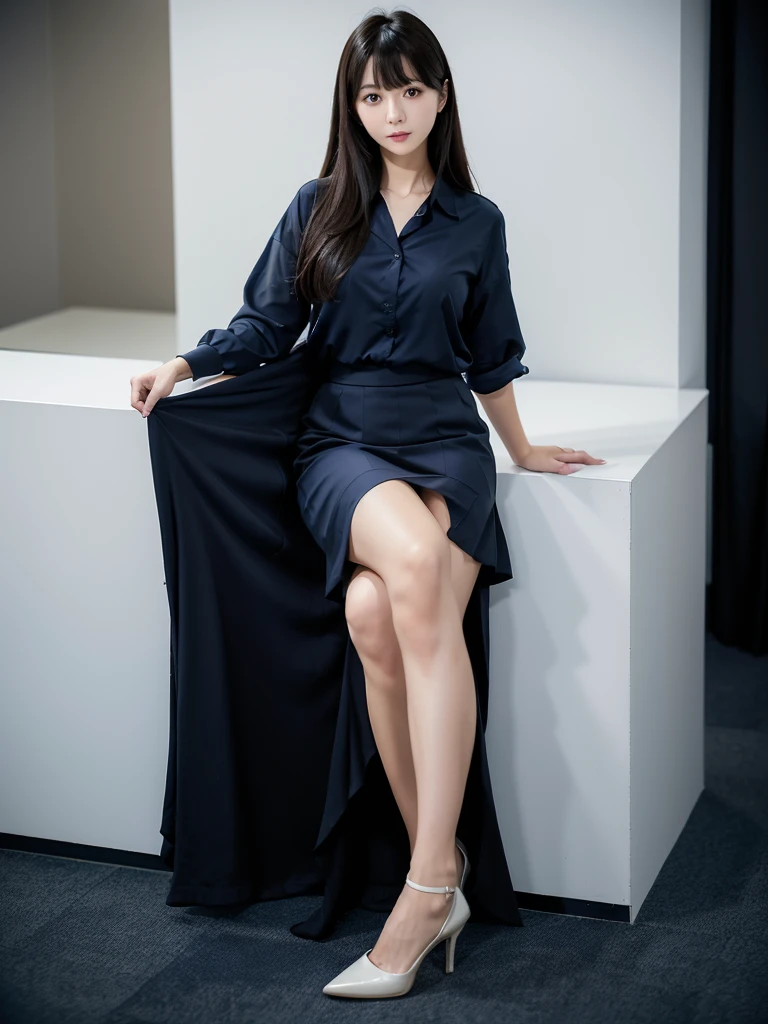 High heels、blouse、Navy blue mid-length skirt 、(Highest quality)、((Very detailed))、4K、(8K)、masterpiece、Very detailedな、Highest quality、Super Resolution、1 person、Kind Face、Soft Light、RAW quality、Soft Skin、163cm、White Room,30 years old、office