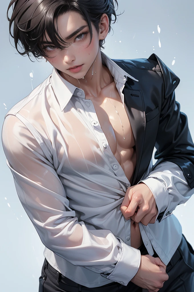 sexy boy, (((cute and wet white shirt)) ), extremely detailed, hyper detailed, (((perfect face)), soft lighting, ((best quality)), cute face, (wet white semen ),(( 1 boy)),((fair skin, black hair, Shiny highlights on eyes, bulging crotch,His Chest are tingling,erotic.)),men, human ,only boy,((,thin body and cute)), horny boy,innocent boy,slut boy,An orgasm!