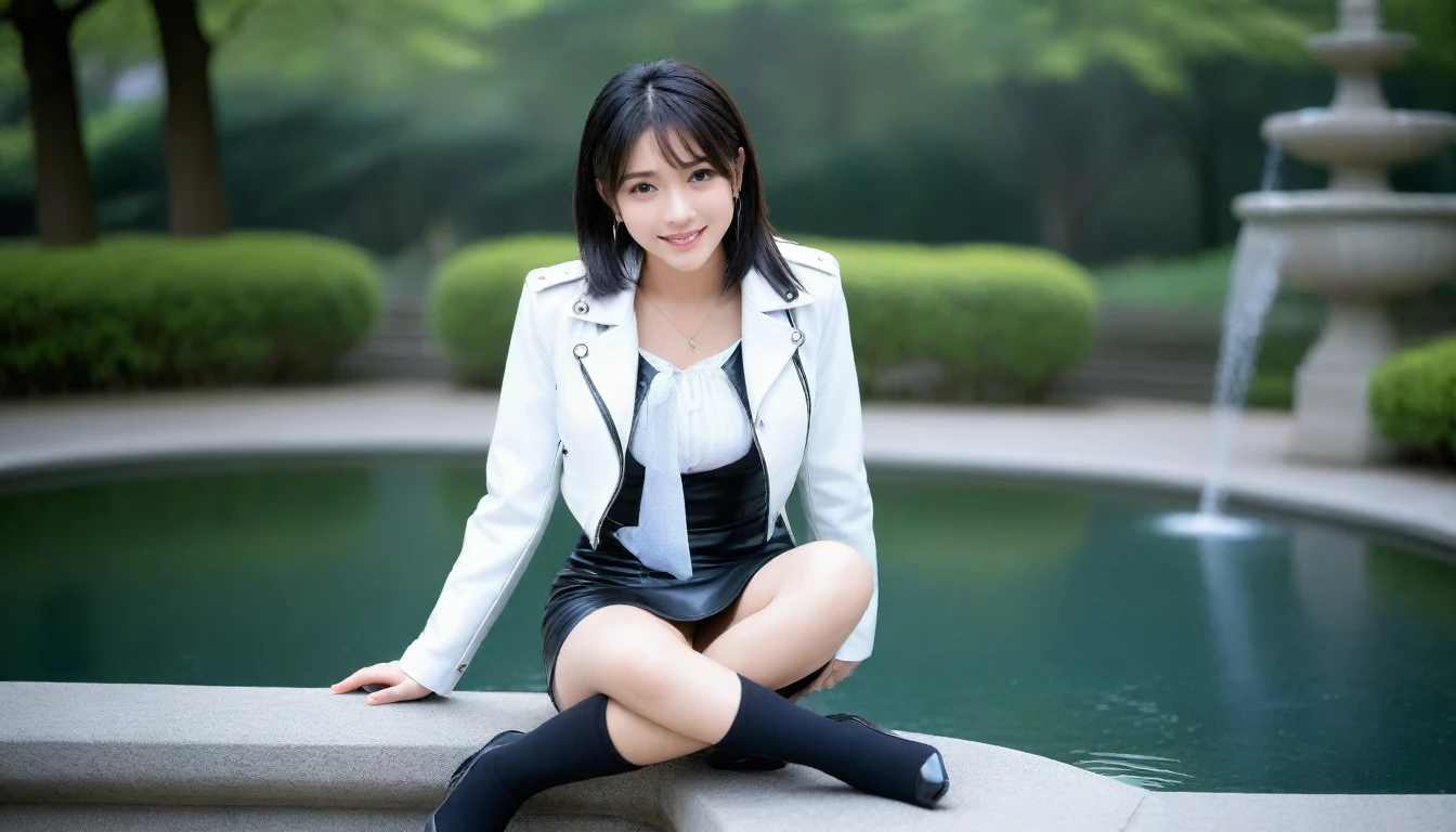 8K, Ultra-high resolution, Highest quality, masterpiece, 三分割法によるphotograph,Surreal, photograph, 1 Girl, (:1.3), pretty girl, Cute face, Beautiful eyes in every detail, 細かくdetailedに,masterpiece,, One Girl:1.2, Japan Female Announcer,whole body, ((Biologically correct limb count))、((whole bodyショット, 顔を含むwhole bodyphotograph、頭からつま先までのphotograph))、((Focus on the face))、((Symmetrical facial features))、((Shiny black stockings、shiny leather skirt、White Leather Jacket、High heels with anklets))、((Sitting on the edge of a fountain in the park early in the morning, Look straight into the camera)),A carefree smile,Heal the heart,Black Hair,Short Bob,Looking at the audience、beauty,Long neck、Laugh a little、Please close your mouth and laugh、(((Ideal body type))),A cup small breasts :2,、Portraiture:2、Perfect Anatomy、鮮明なdetailed、detailed、Surreal、Light and shadow,Strong light