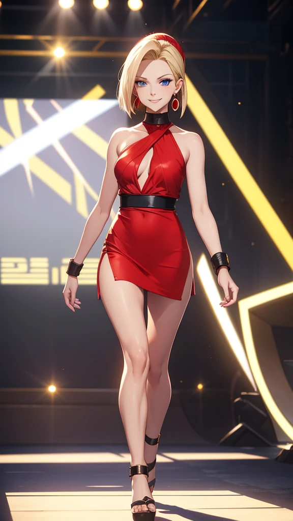 8k, android 18, Full Body, Golden Headband, red Earrings, blue Eyes, Elegant red Short Dress, Two Bare Legs, Two Bare Arms, Wide Neckline, black Heels, Walking On Runway, smiling