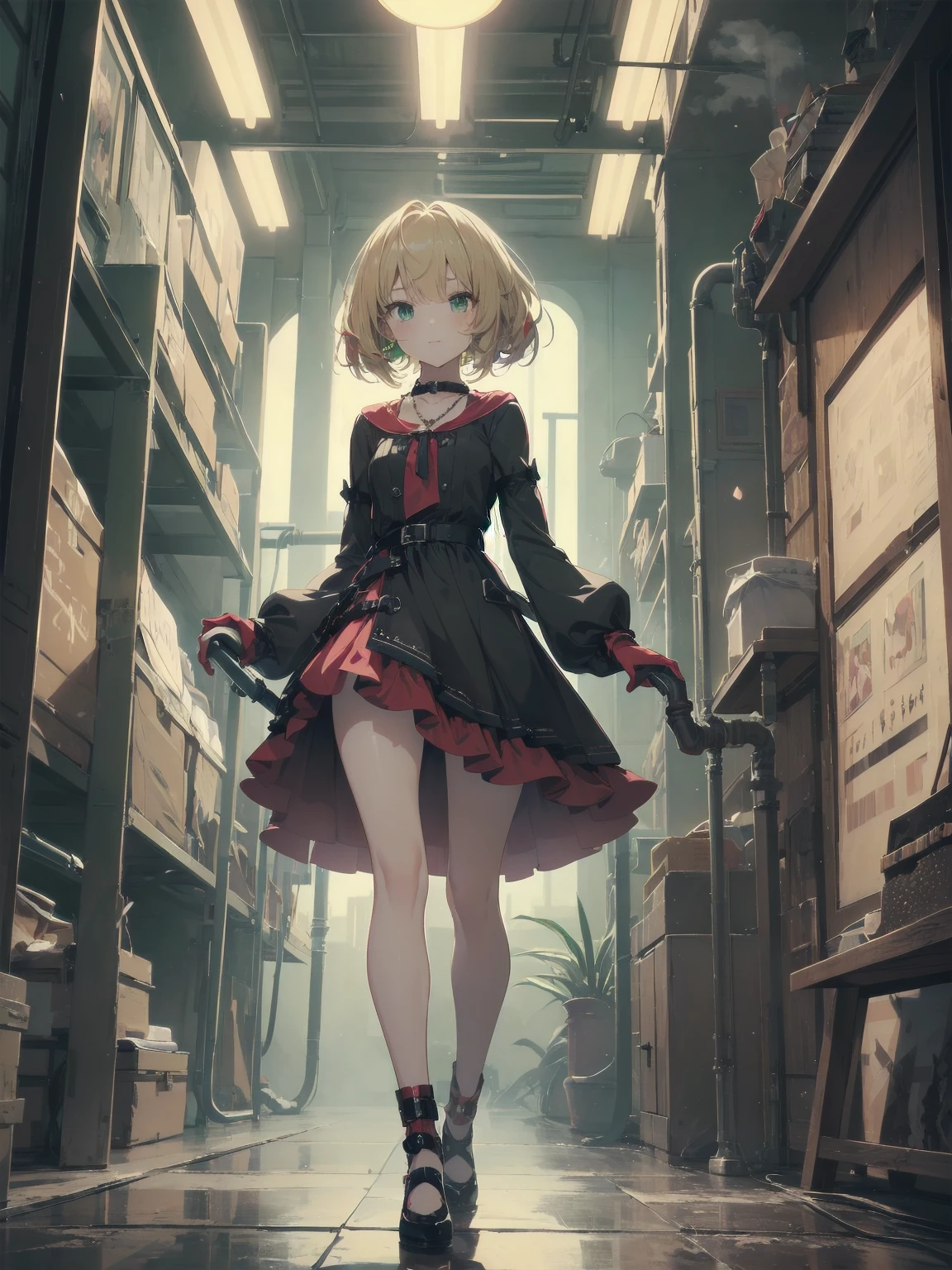 (masterpiece:1.2), (Highest quality:1.2), Ultra-high resolution, Very detailed, break, ((Anime girl standing with happiness in her hands)), Clear Girl, (1 person,Lolita,boyish, , 6 years old:1.3), A light smile, , girl who looks like a boy, Bob cut hair, ((Blonde Hair)), Messy Hair, A super-sized chest overflowing with soft fat masses、Waistline、Slender body, Small Ass, Small green eyes,Fine and beautiful eyes, Well-proportioned iris and pupil, Expressive eyes, Beautiful and detailed lips, High resolution detailed hair, Perfect Eyes, Perfect Face, ultra high density skin, Full Finger, Perfect lighting, break, ((Light green necklace)), ((Black and red luxury dress:1.3)), light green tie, Sparkling Sapphire, Lady, Wear white gloves, break, (steampunk), Castle balcony, Skyscraper, Night view, Equipment, pipe, (Steam spewing out from pipes:1.2), Fantasy, break, ((Positive:1.3)), break, Digital anime art,Anime style illustrations,Anime illustration