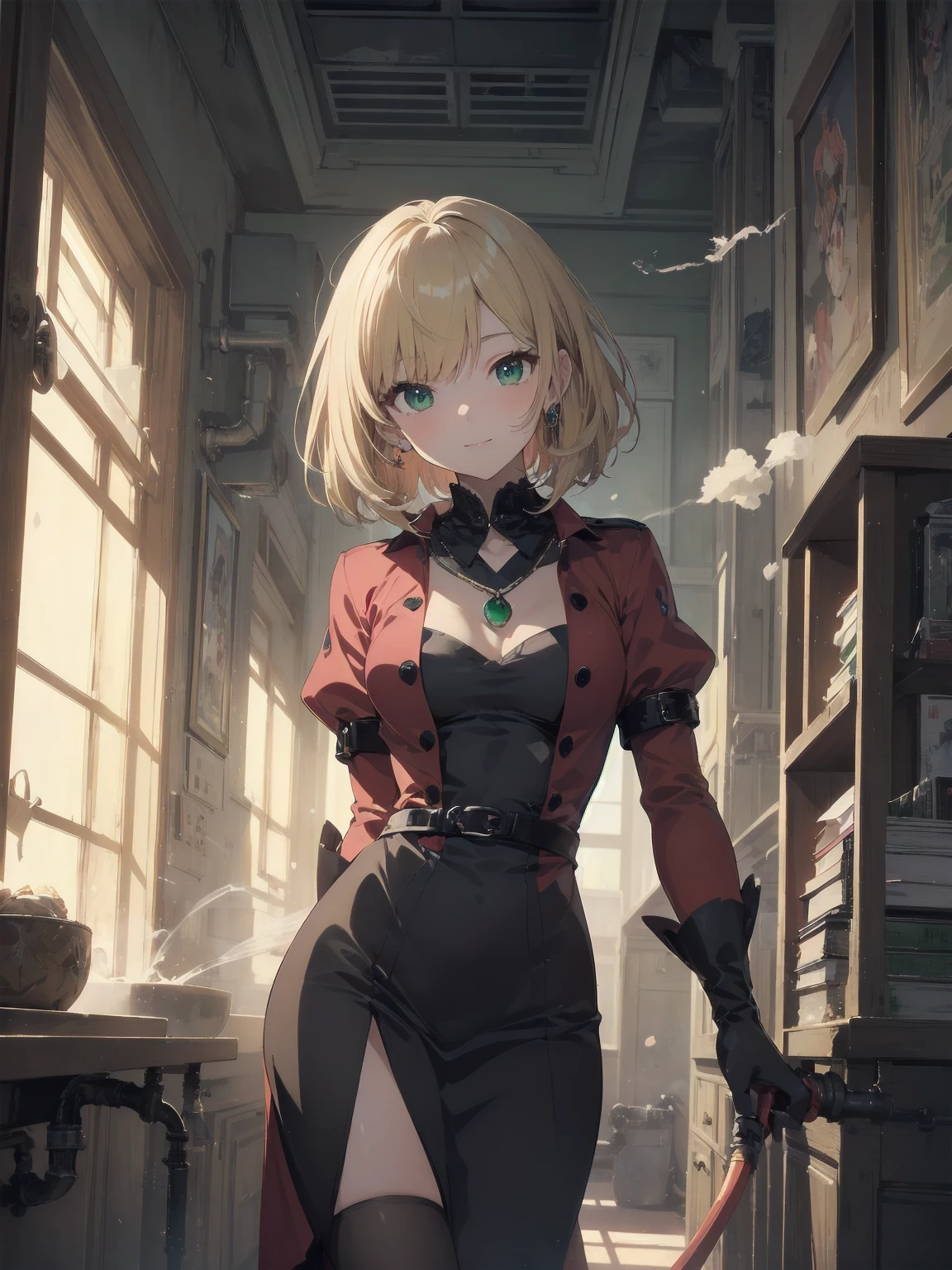 (masterpiece:1.2), (Highest quality:1.2), Ultra-high resolution, Very detailed, break, ((Anime girl standing with happiness in her hands)), Clear Girl, (1 person,Lolita,boyish, , 6 years old:1.3), A light smile, , girl who looks like a boy, Bob cut hair, ((Blonde Hair)), Messy Hair, A super-sized chest overflowing with soft fat masses、Waistline、Slender body, Small Ass, Small green eyes,Fine and beautiful eyes, Well-proportioned iris and pupil, Expressive eyes, Beautiful and detailed lips, High resolution detailed hair, Perfect Eyes, Perfect Face, ultra high density skin, Full Finger, Perfect lighting, break, ((Light green necklace)), ((Black and red luxury dress:1.3)), light green tie, Sparkling Sapphire, Lady, Wear white gloves, break, (steampunk), Castle balcony, Skyscraper, Night view, Equipment, pipe, (Steam spewing out from pipes:1.2), Fantasy, break, ((Positive:1.3)), break, Digital anime art,Anime style illustrations,Anime illustration
