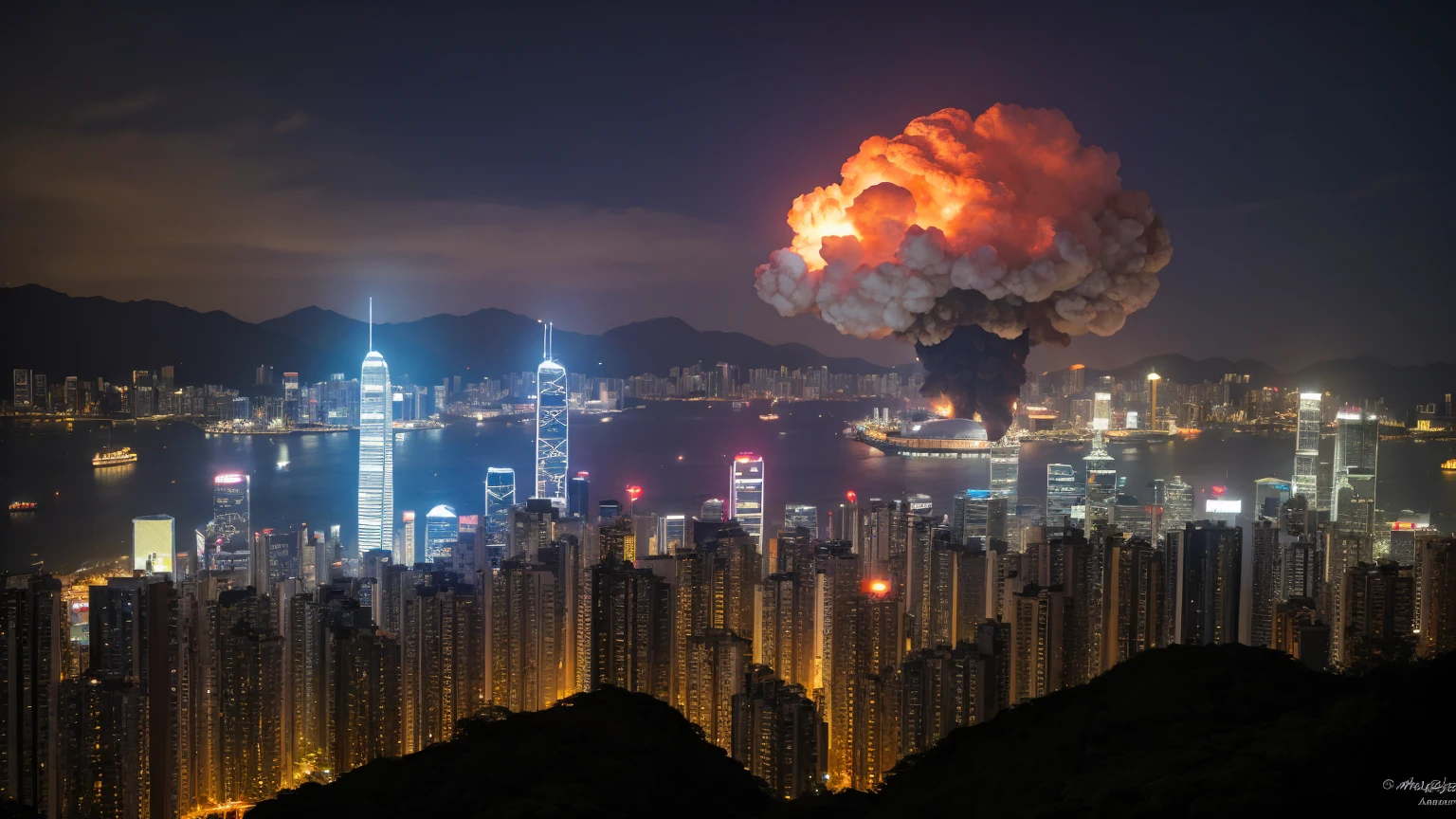 lookiing at a distance mid-air nuclear explosion over Kowloon from a hill top at Hong Kong island, masterpiece, realistice, detailed, dark night time