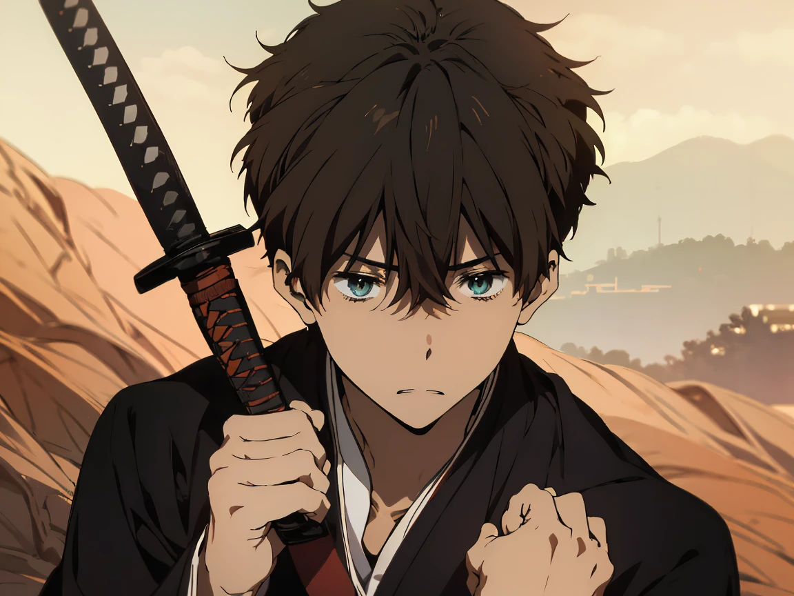 shirouemiya, shirou emiya 1 man, student, wearing Oreki Houtarou , orange hair, short hair, blue eyes, red tie, face to detail, detailed eyes, the background is black galaxy, holding a katana