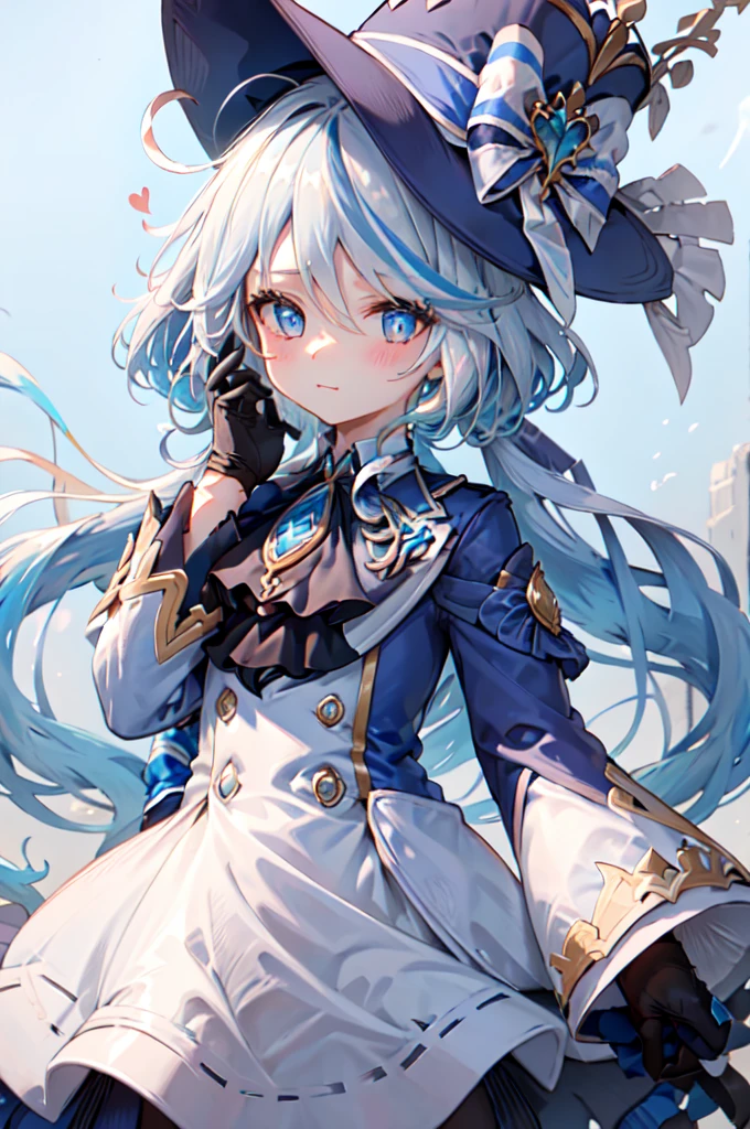 furina, 1girl, solo, long hair, looking at viewer, blush, blue eyes, simple background, gloves, long sleeves, hat, white background, jewelry, :3, blue hair, jacket, upper body, ahoge, white hair, heart, streaked hair, symbol-shaped pupils, blue jacket, brooch, blue headwear, top hat