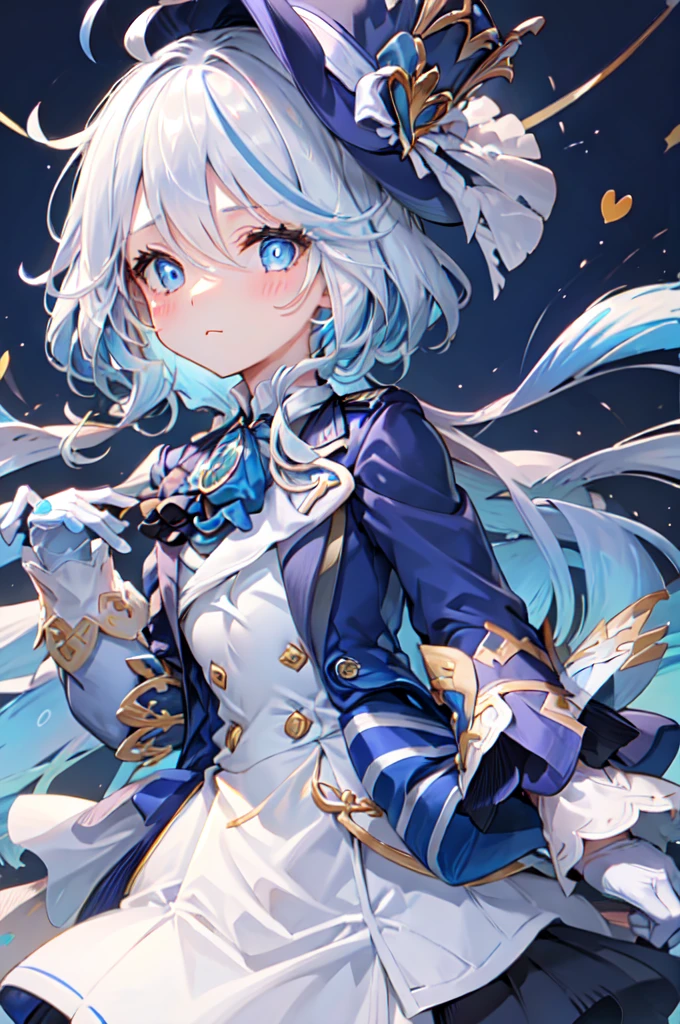 furina, 1girl, solo, long hair, looking at viewer, blush, blue eyes, simple background, gloves, long sleeves, hat, white background, jewelry, :3, blue hair, jacket, upper body, ahoge, white hair, heart, streaked hair, symbol-shaped pupils, blue jacket, brooch, blue headwear, top hat